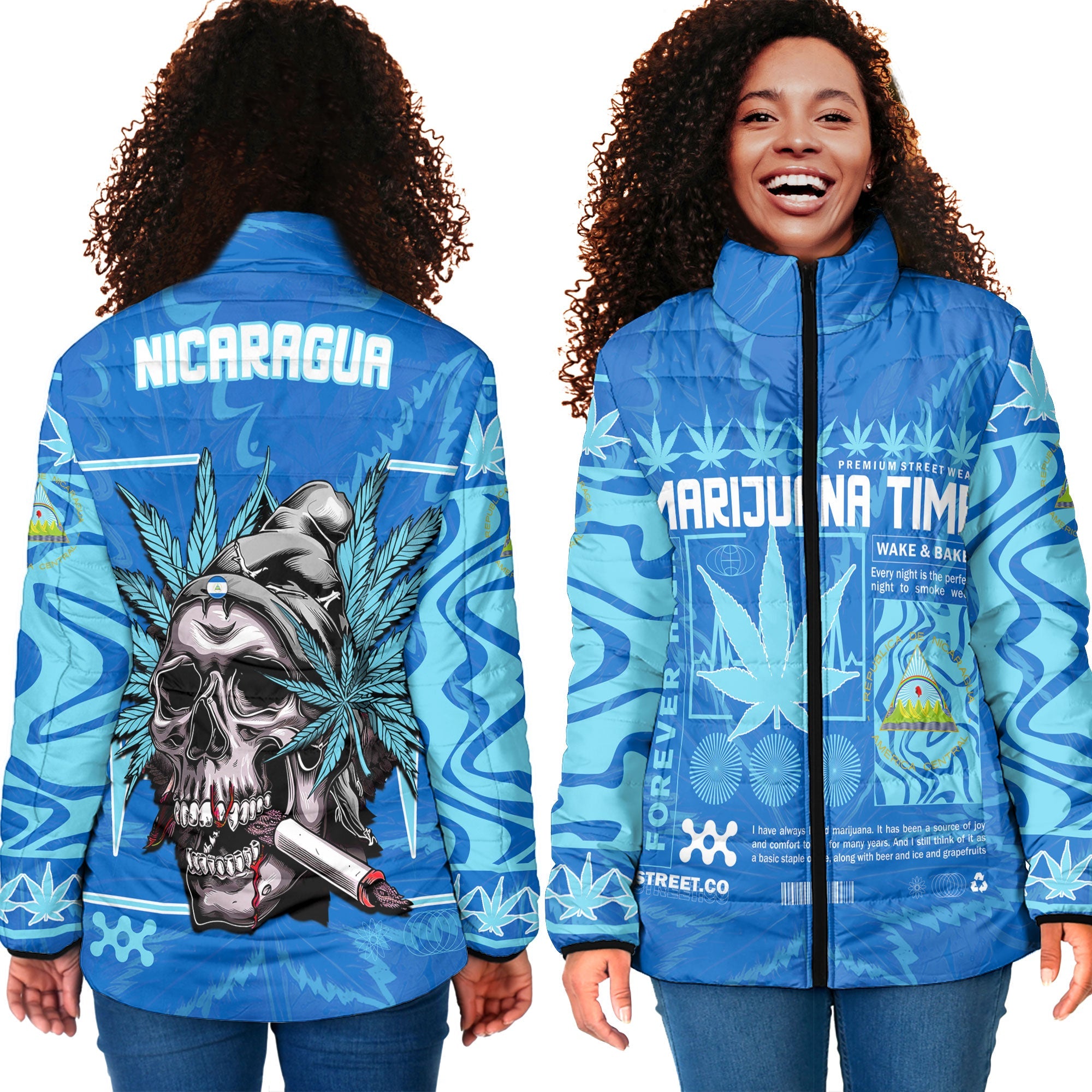 Nicaragua Women Padded Jacket Flag & Coat Of Arms Marijuanas Style