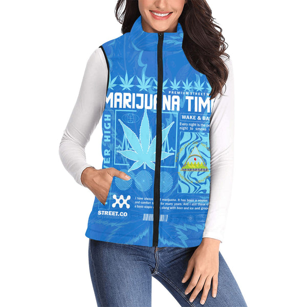 Nicaragua Women Padded Jacket Vest Flag & Coat Of Arms Marijuanas Style