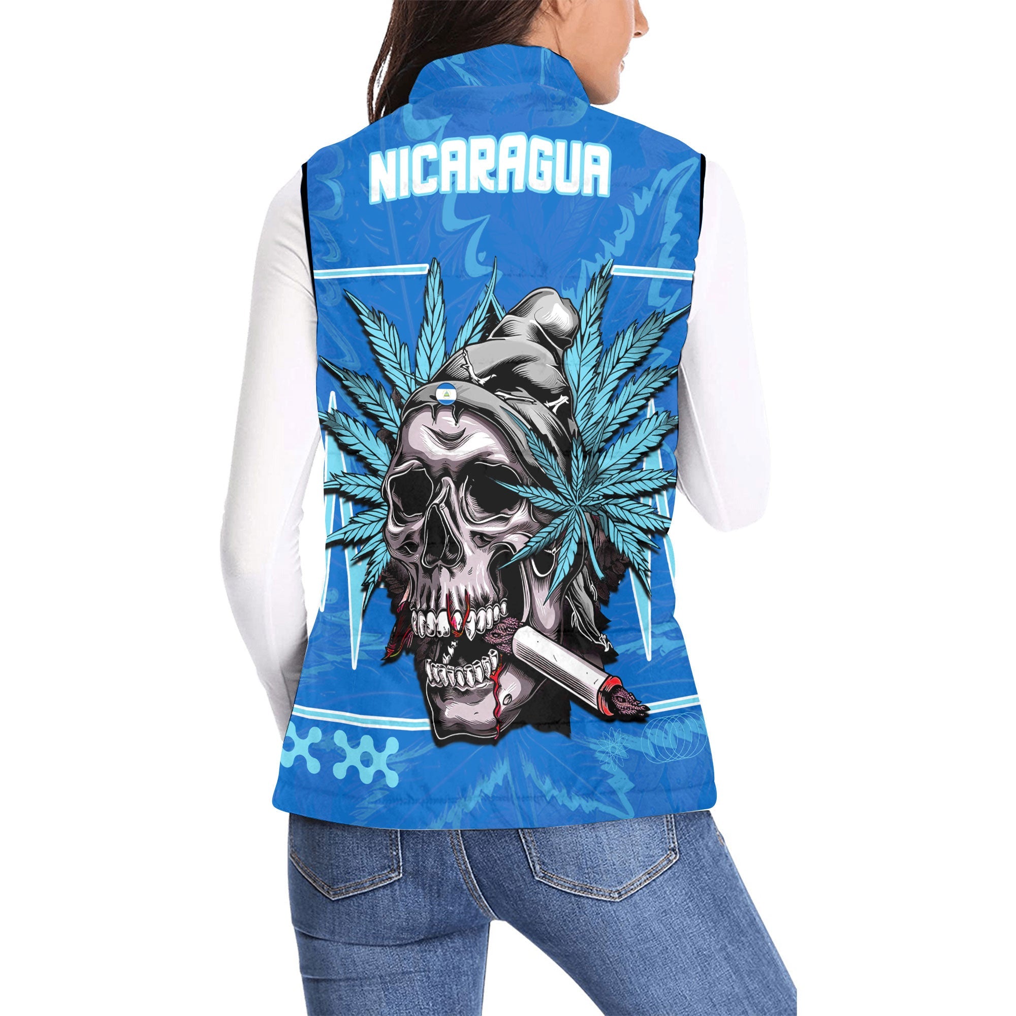 Nicaragua Women Padded Jacket Vest Flag & Coat Of Arms Marijuanas Style