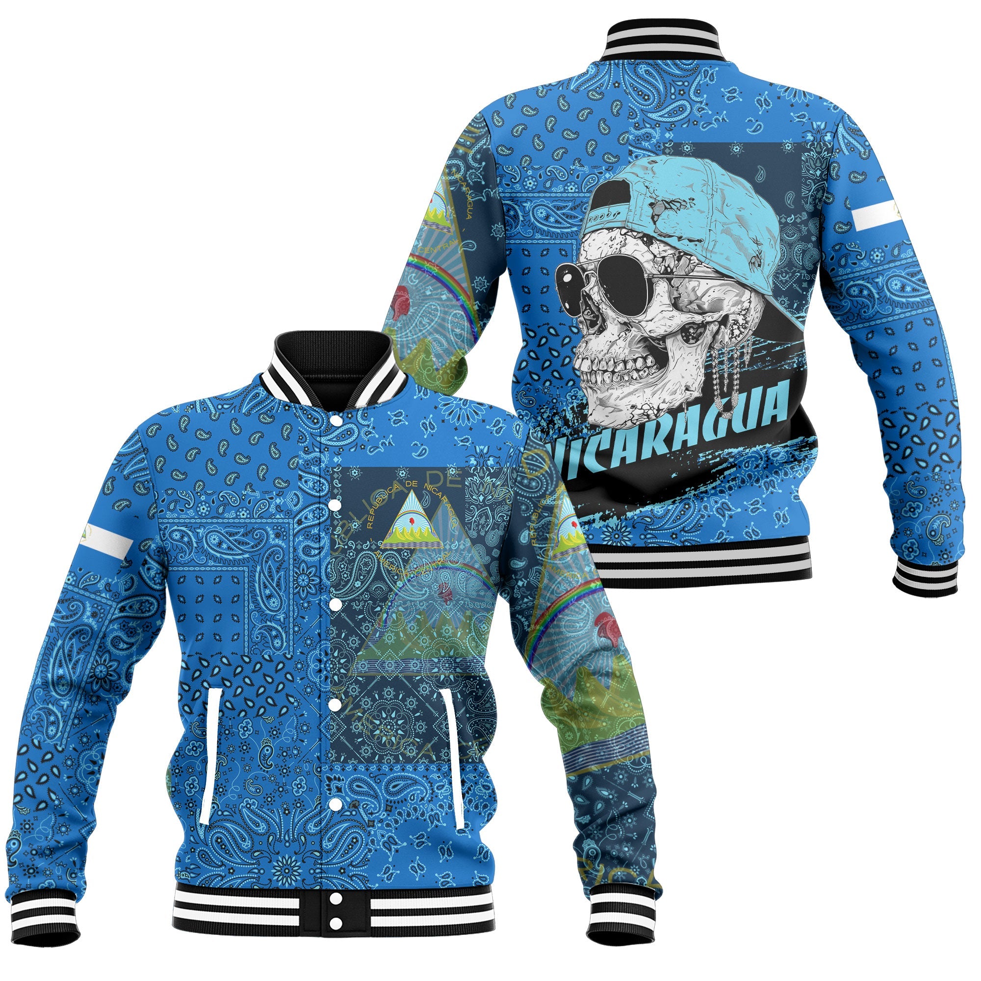 Nicaragua Baseball Jacket Paisley Flag And Skull Style 1