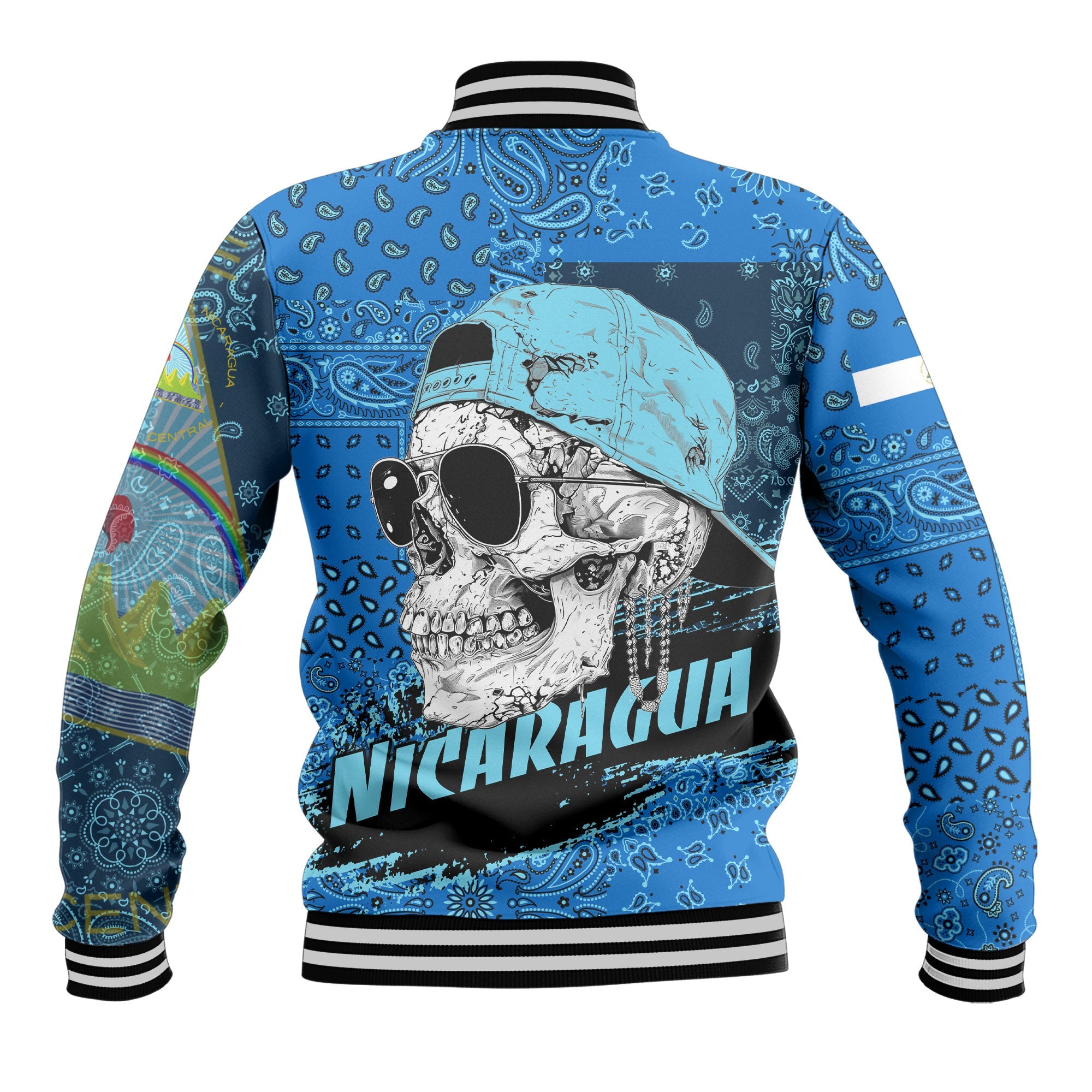 Nicaragua Baseball Jacket Paisley Flag And Skull Style 3