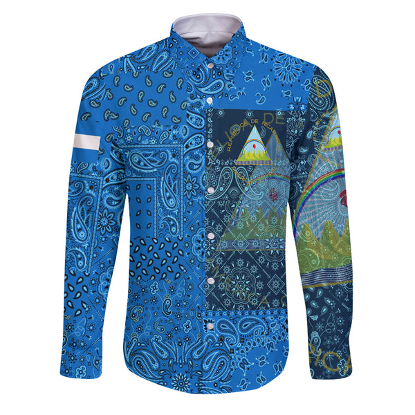 Nicaragua Long Sleeve Button Shirt Paisley Flag And Skull Style 1