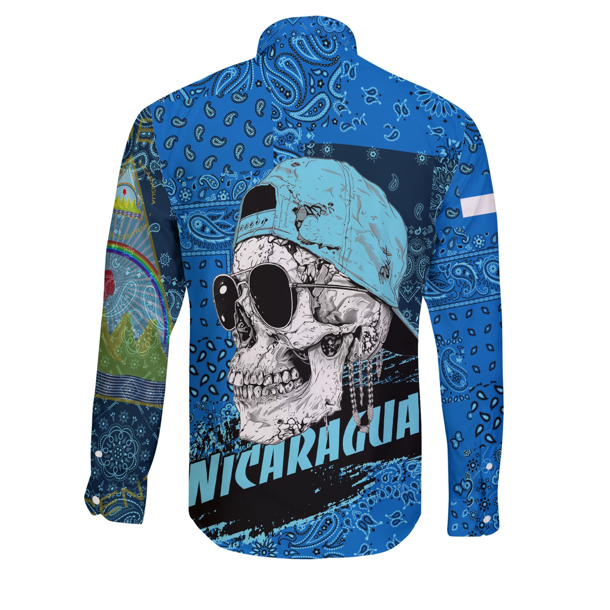 Nicaragua Long Sleeve Button Shirt Paisley Flag And Skull Style 2