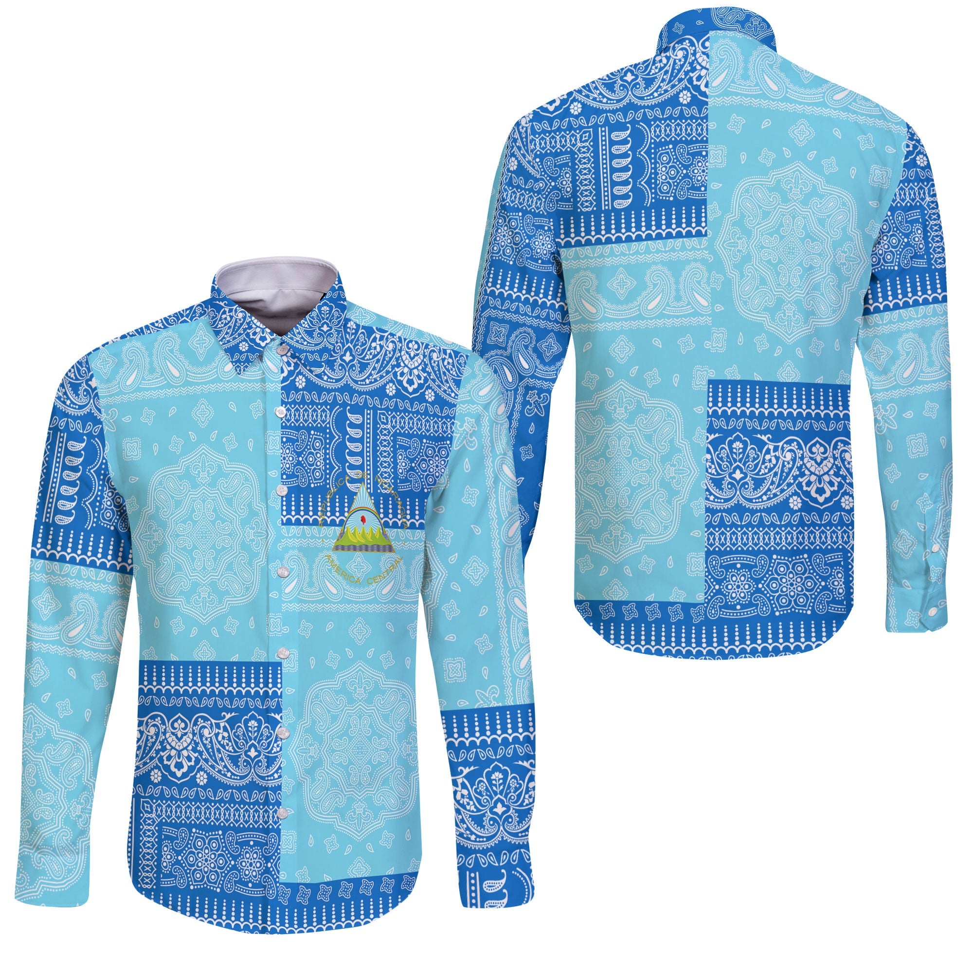 Nicaragua Long Sleeve Button Shirt Flag And Paisley Basic Style 3