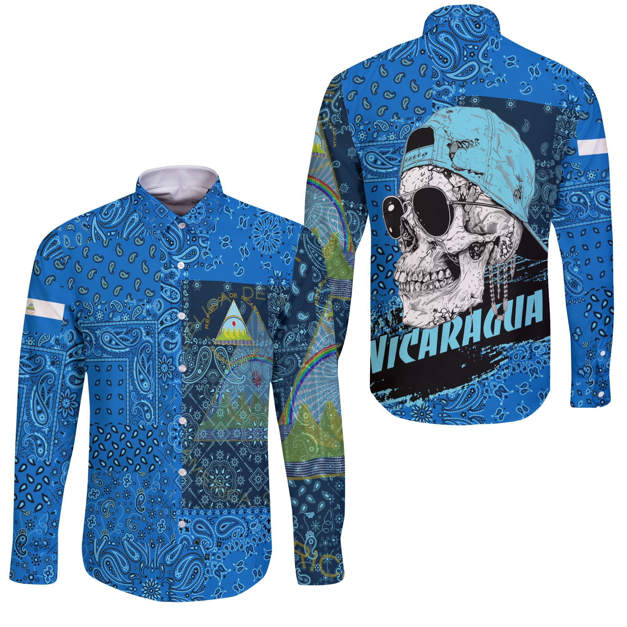 Nicaragua Long Sleeve Button Shirt Paisley Flag And Skull Style 3