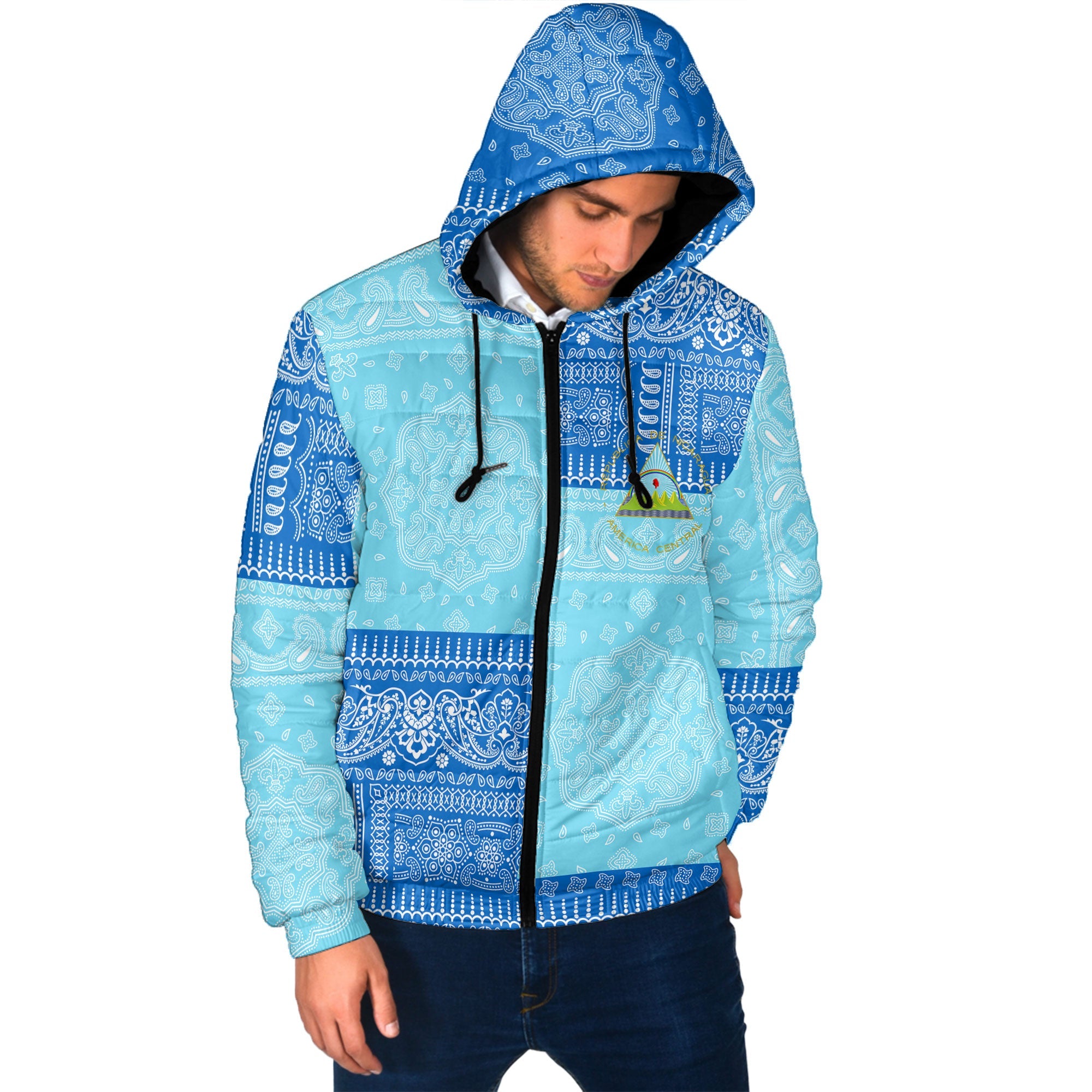 Nicaragua Men Hooded Padded Jacket Flag And Paisley Basic Style 2