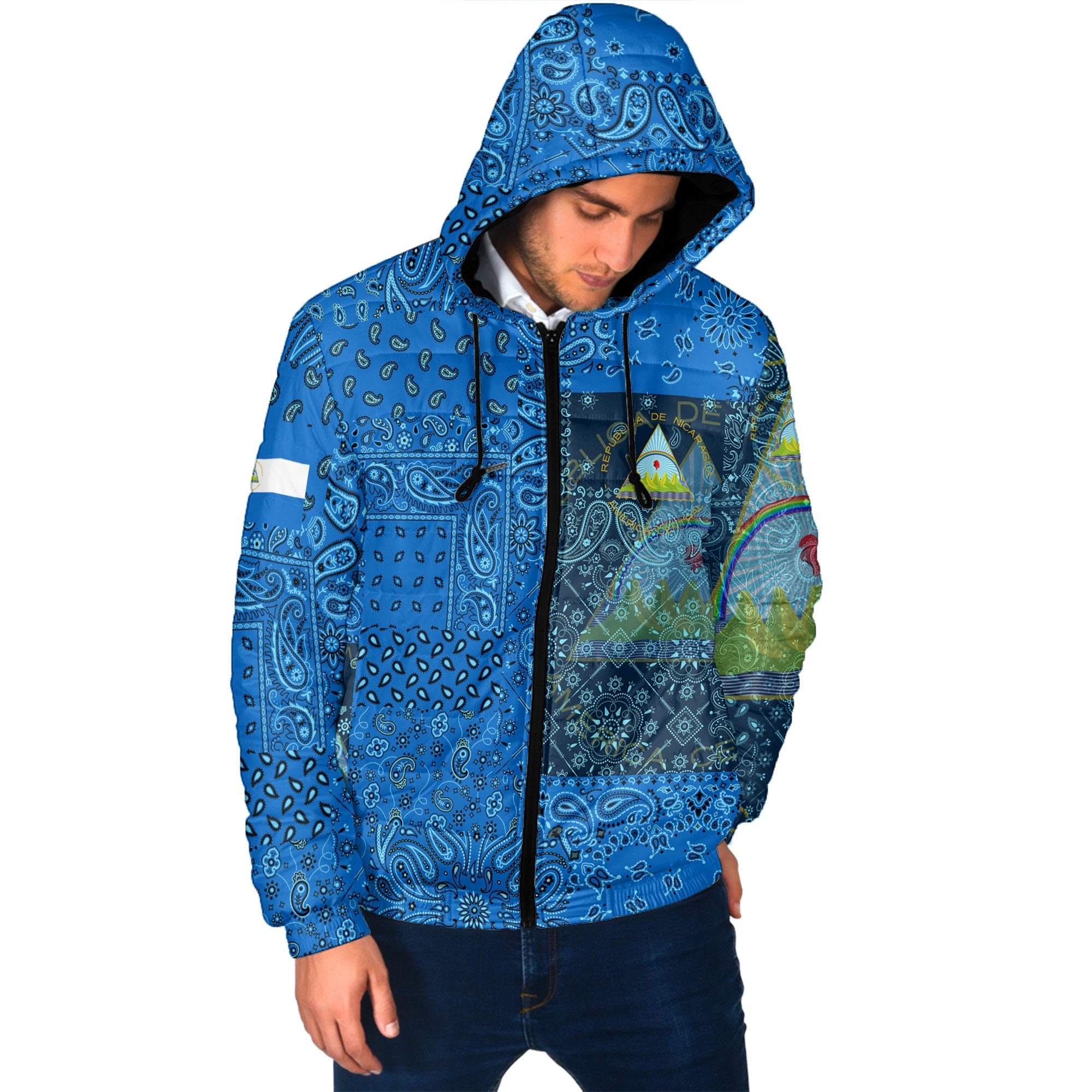 Nicaragua Men Hooded Padded Jacket Paisley Flag And Skull Style 2