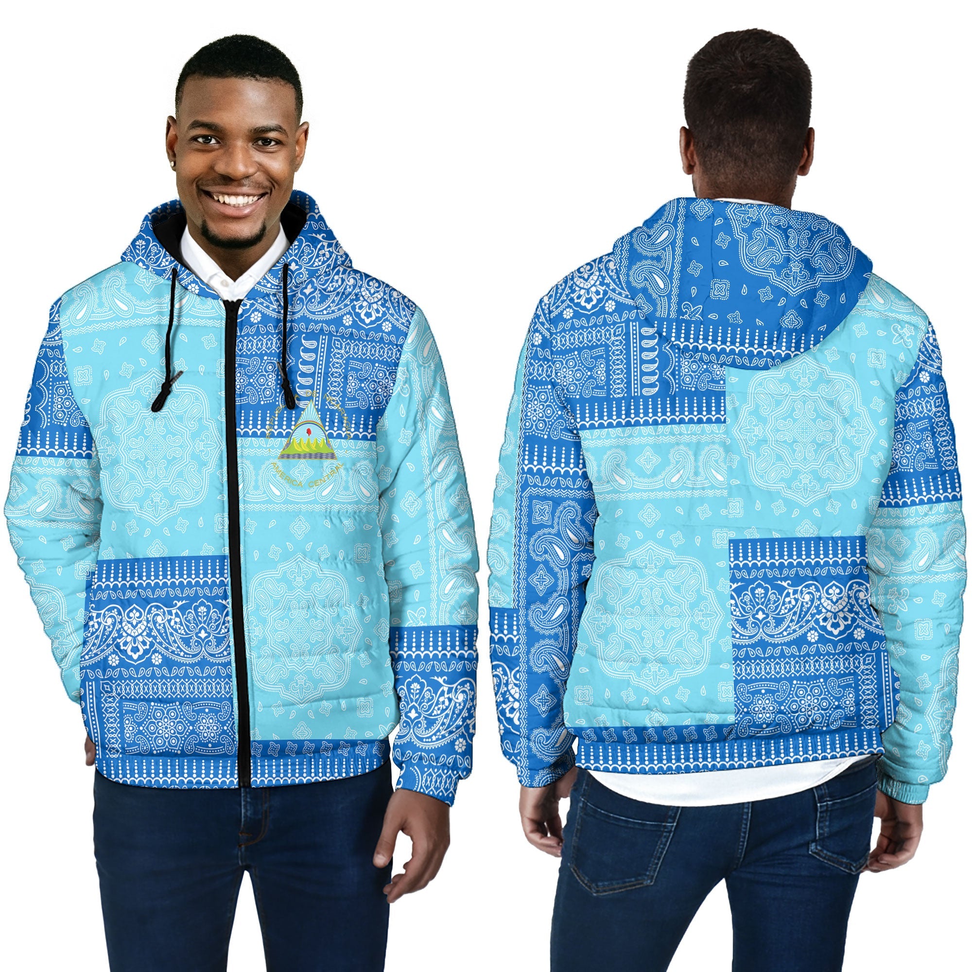 Nicaragua Men Hooded Padded Jacket Flag And Paisley Basic Style 4