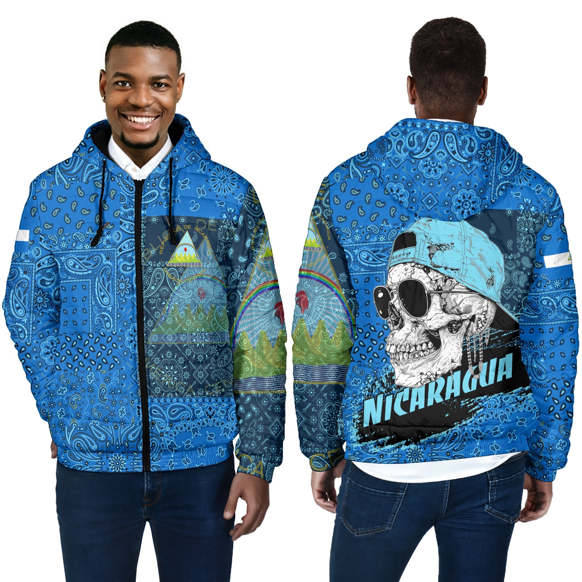 Nicaragua Men Hooded Padded Jacket Paisley Flag And Skull Style 4