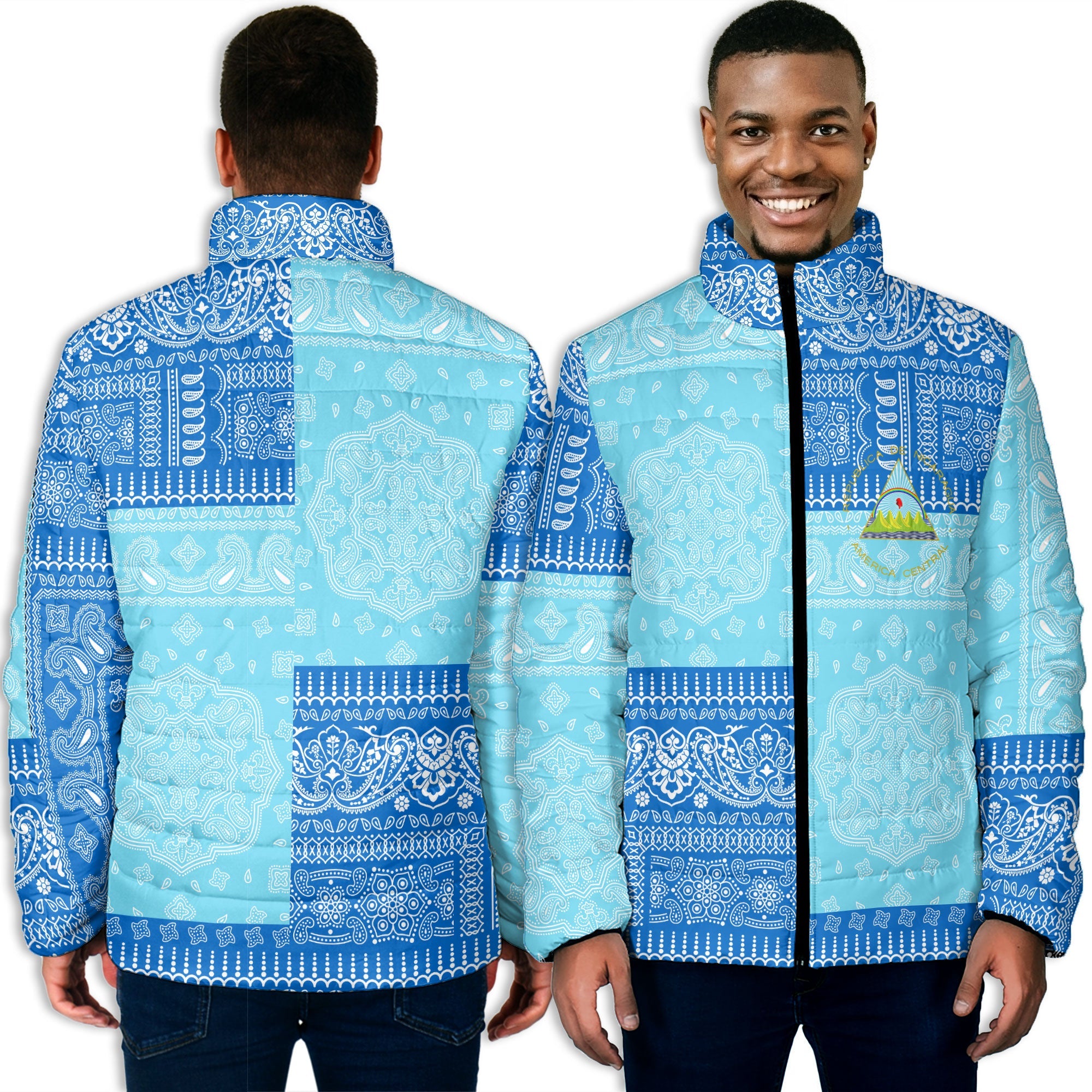 Nicaragua Men Padded Jacket Flag And Paisley Basic Style 3