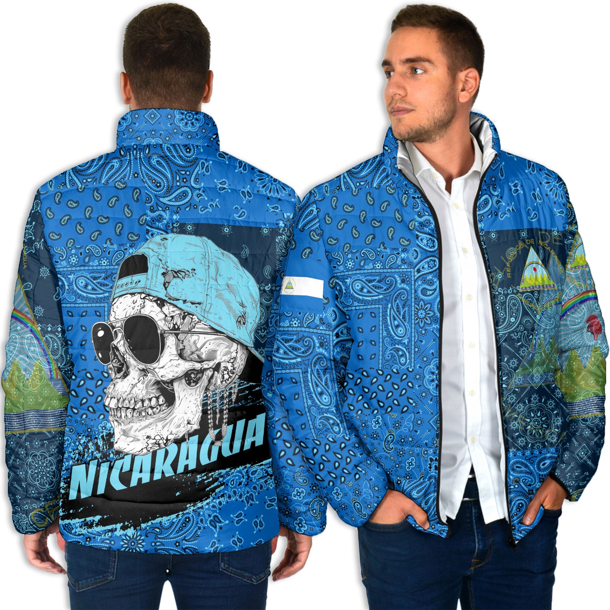 Nicaragua Men Padded Jacket Paisley Flag And Skull Style 4