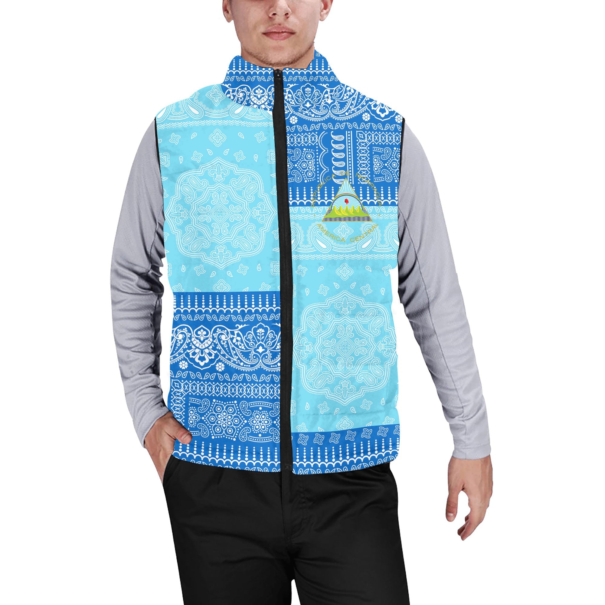 Nicaragua Men Padded Jacket Vest Flag And Paisley Basic Style 1