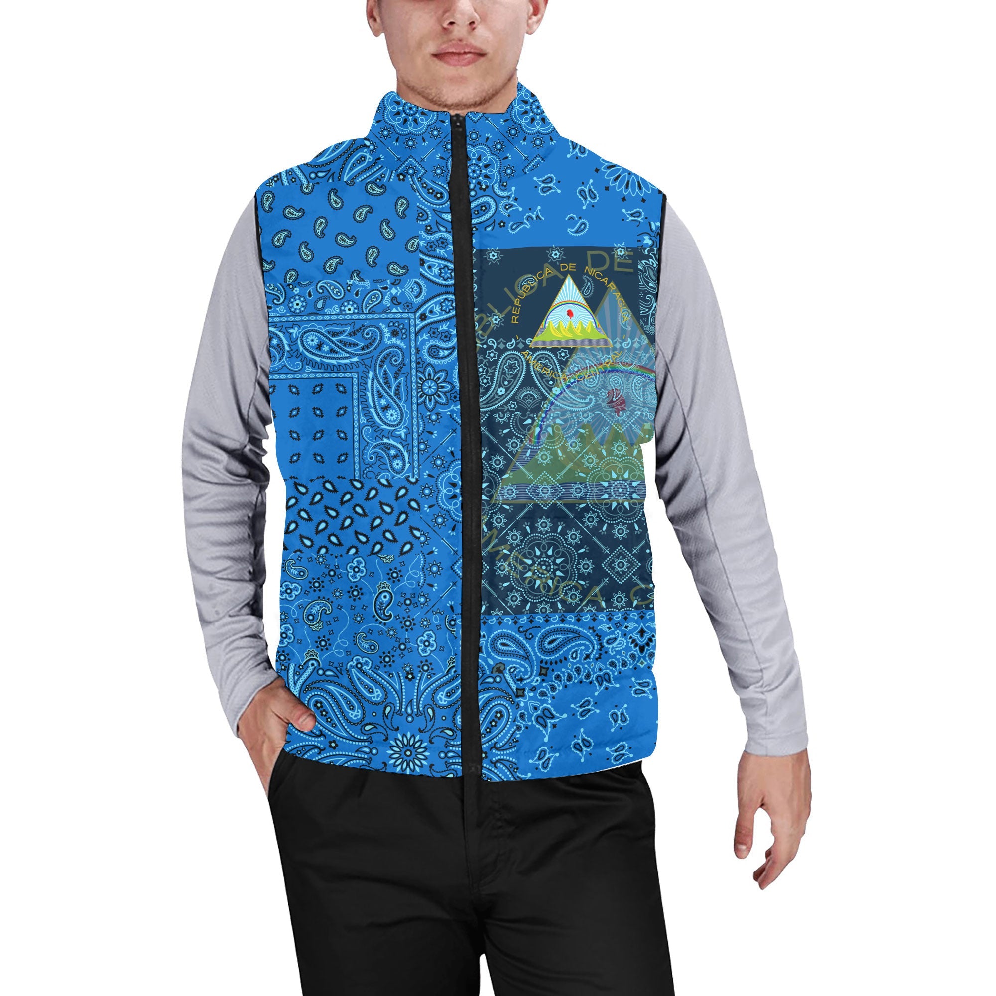 Nicaragua Men Padded Jacket Vest Paisley Flag And Skull Style 1