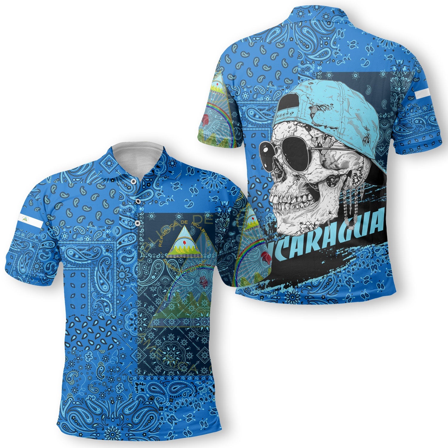 Nicaragua Polo Shirt Paisley Flag And Skull Style 1