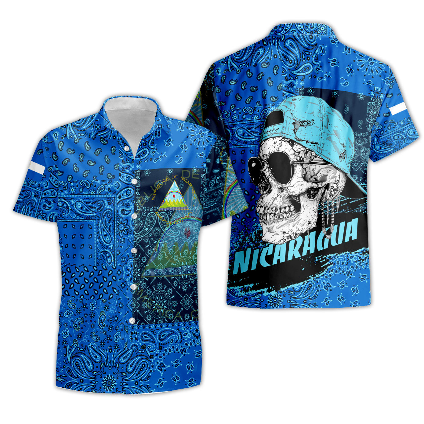 Nicaragua Short Sleeve Shirt Paisley Flag And Skull Style 3