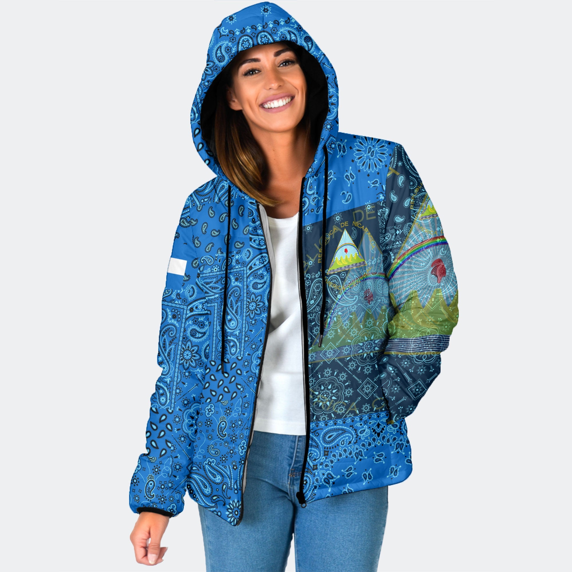 Nicaragua Women Hooded Padded Jacket Paisley Flag And Skull Style 1