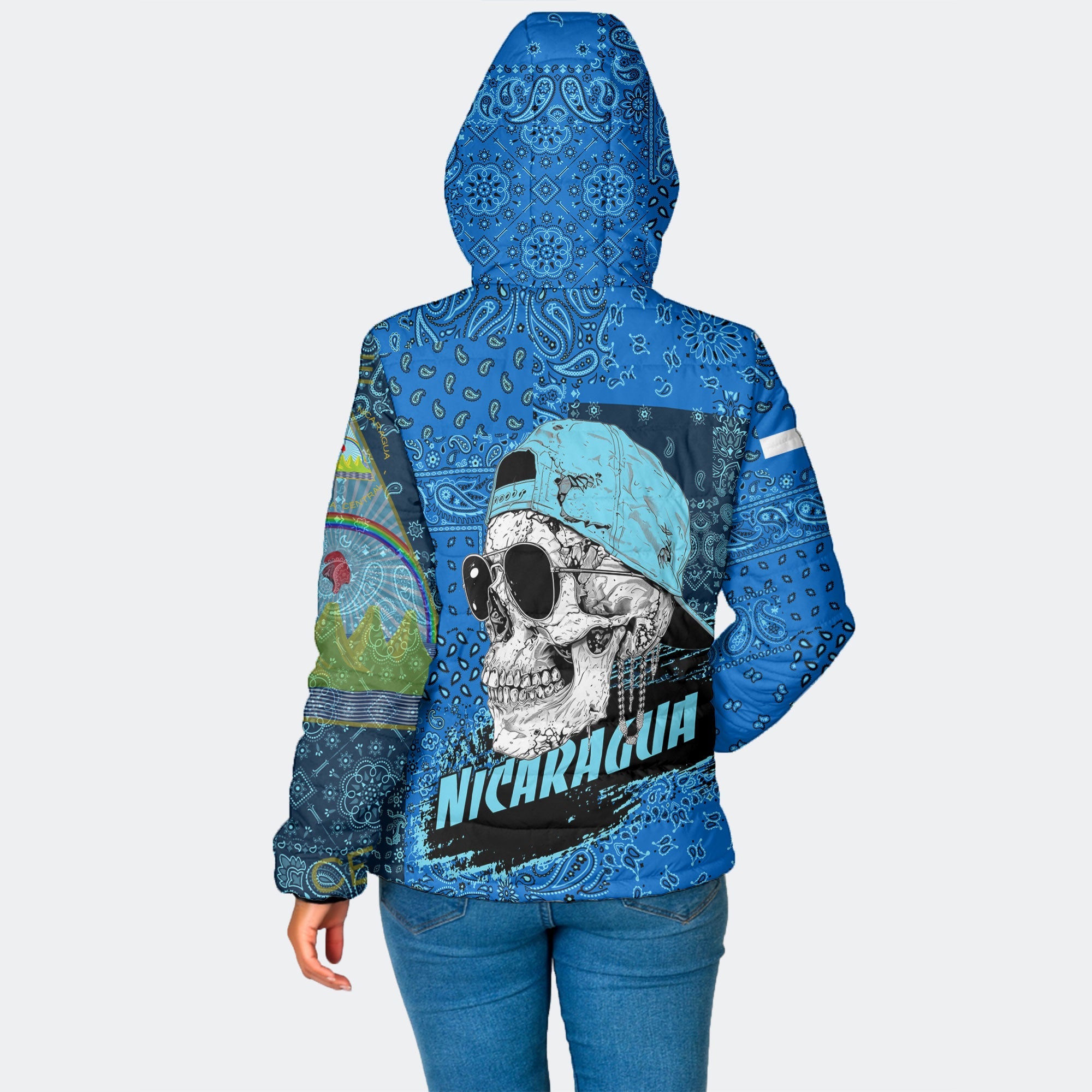 Nicaragua Women Hooded Padded Jacket Paisley Flag And Skull Style 2