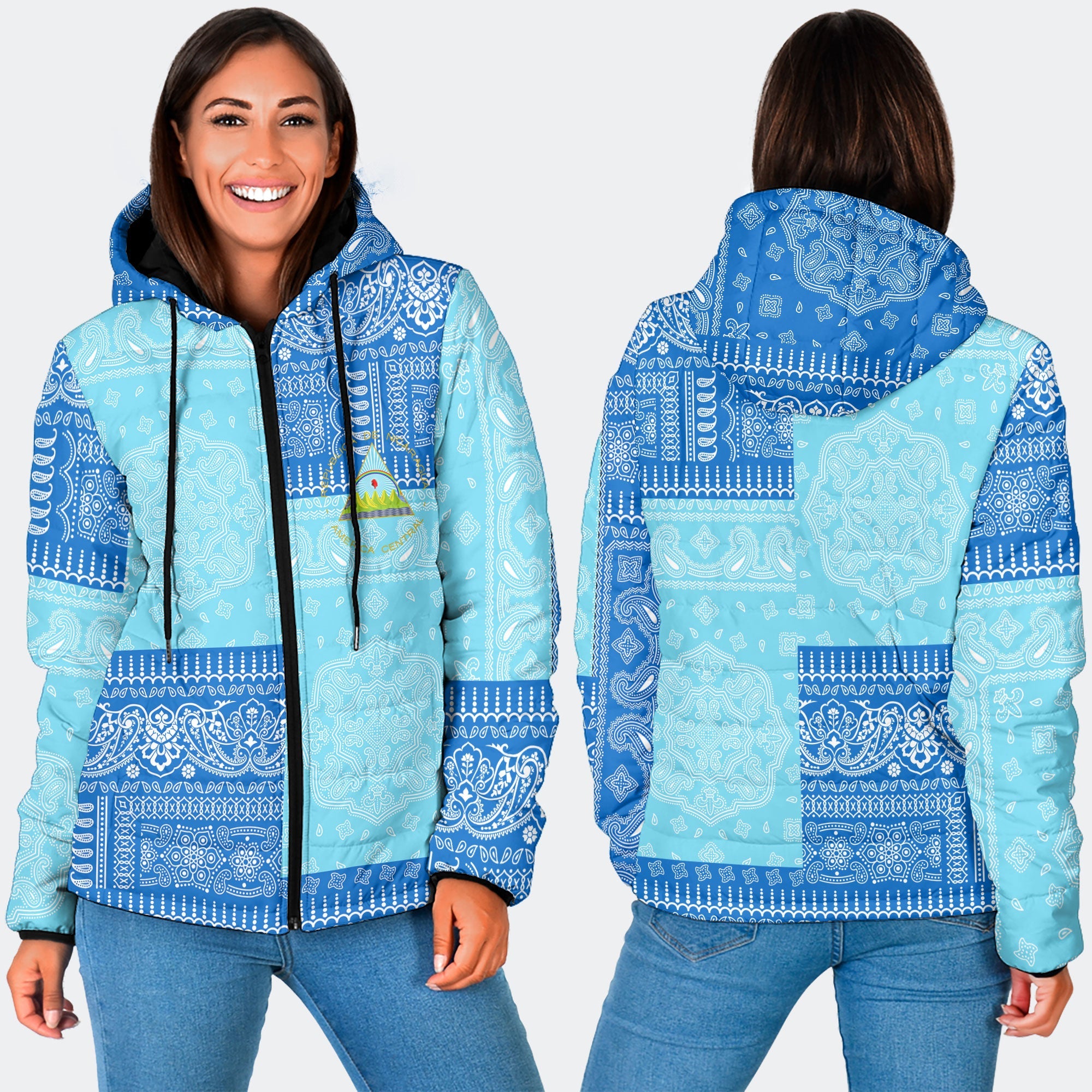 Nicaragua Women Hooded Padded Jacket Flag And Paisley Basic Style 3