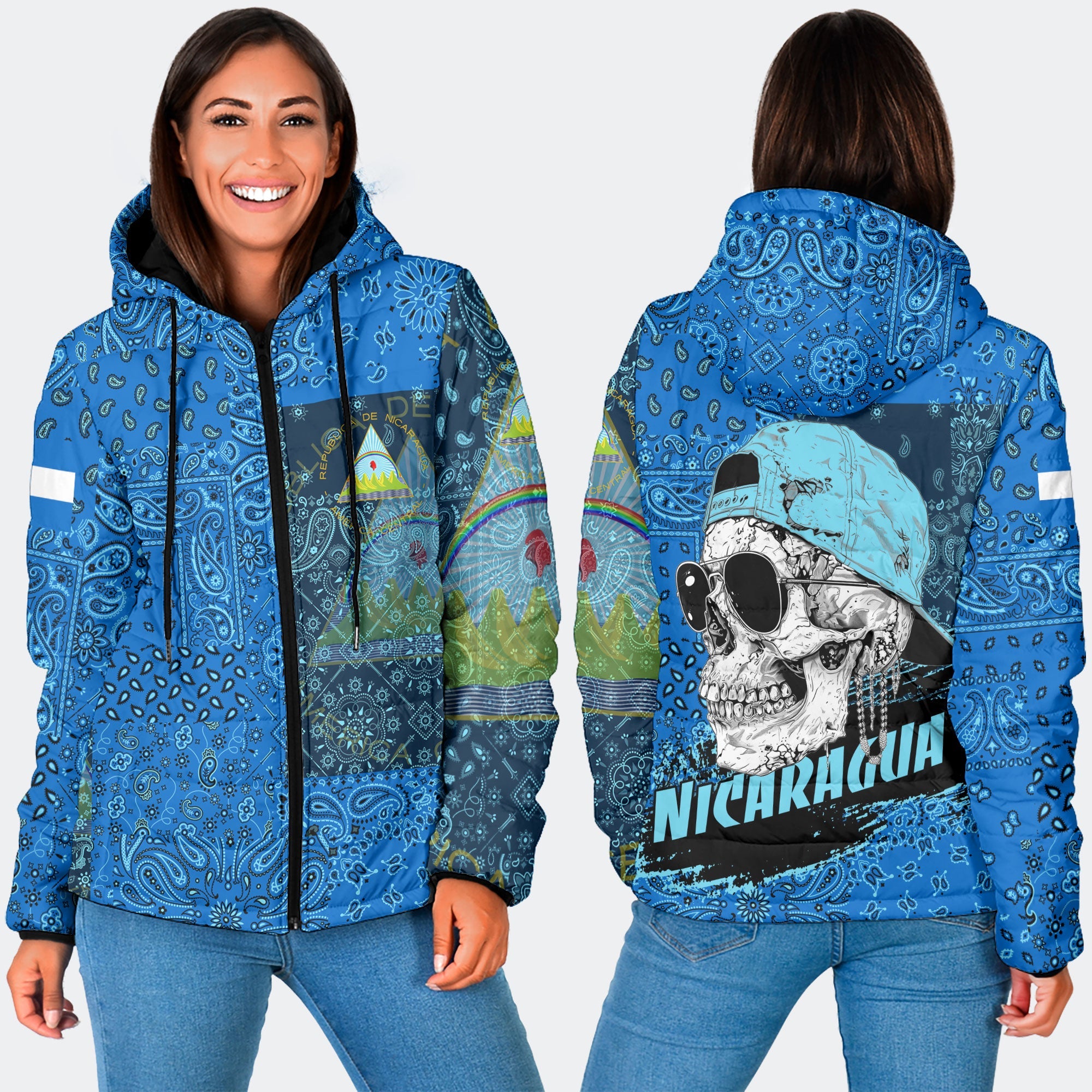 Nicaragua Women Hooded Padded Jacket Paisley Flag And Skull Style 3