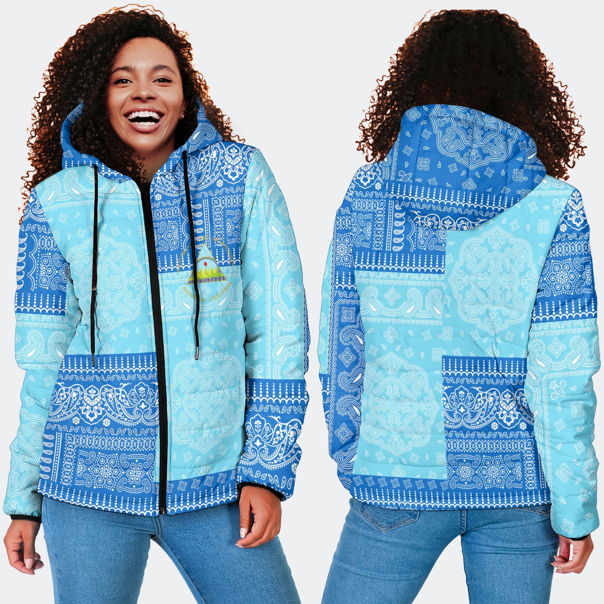 Nicaragua Women Hooded Padded Jacket Flag And Paisley Basic Style 4