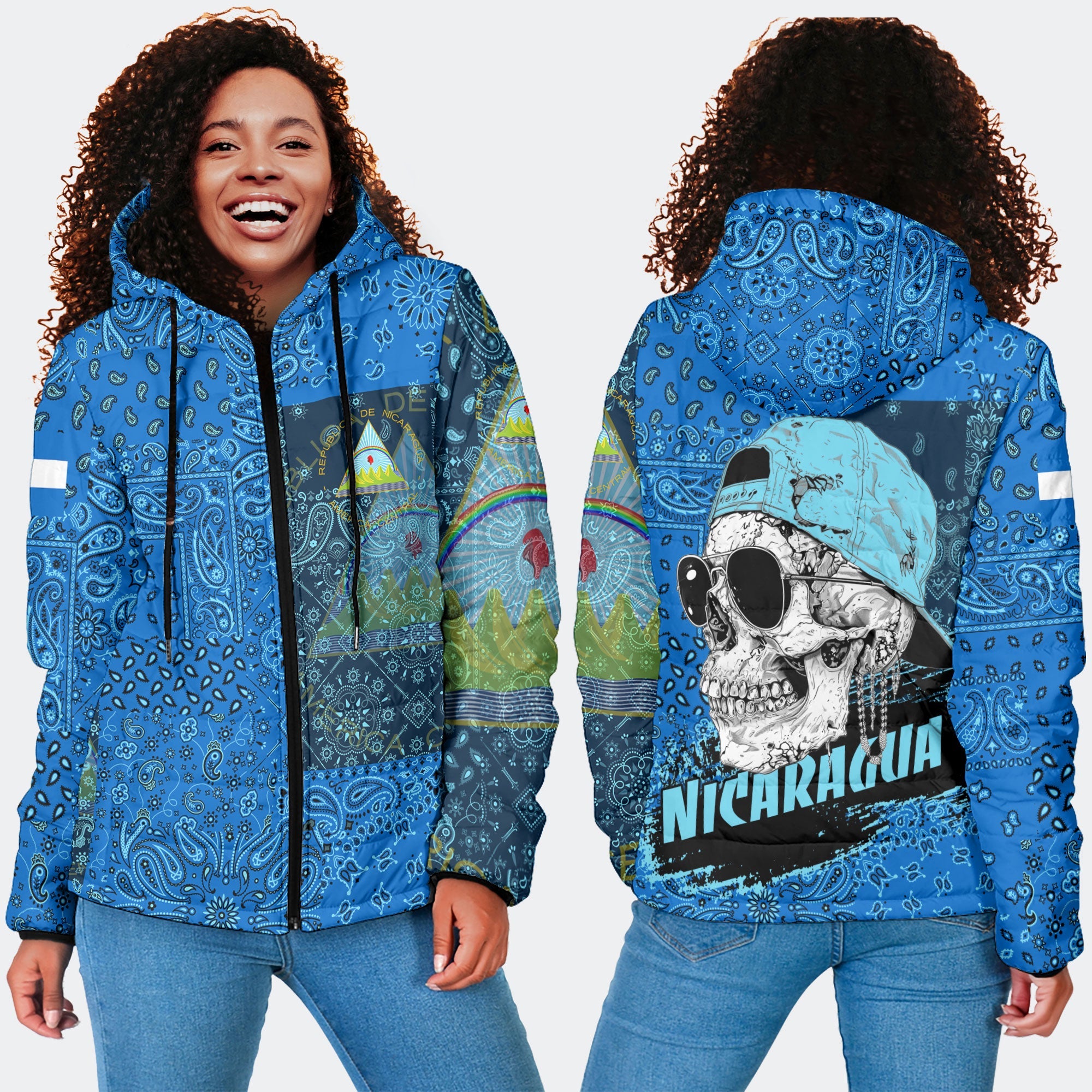 Nicaragua Women Hooded Padded Jacket Paisley Flag And Skull Style 4