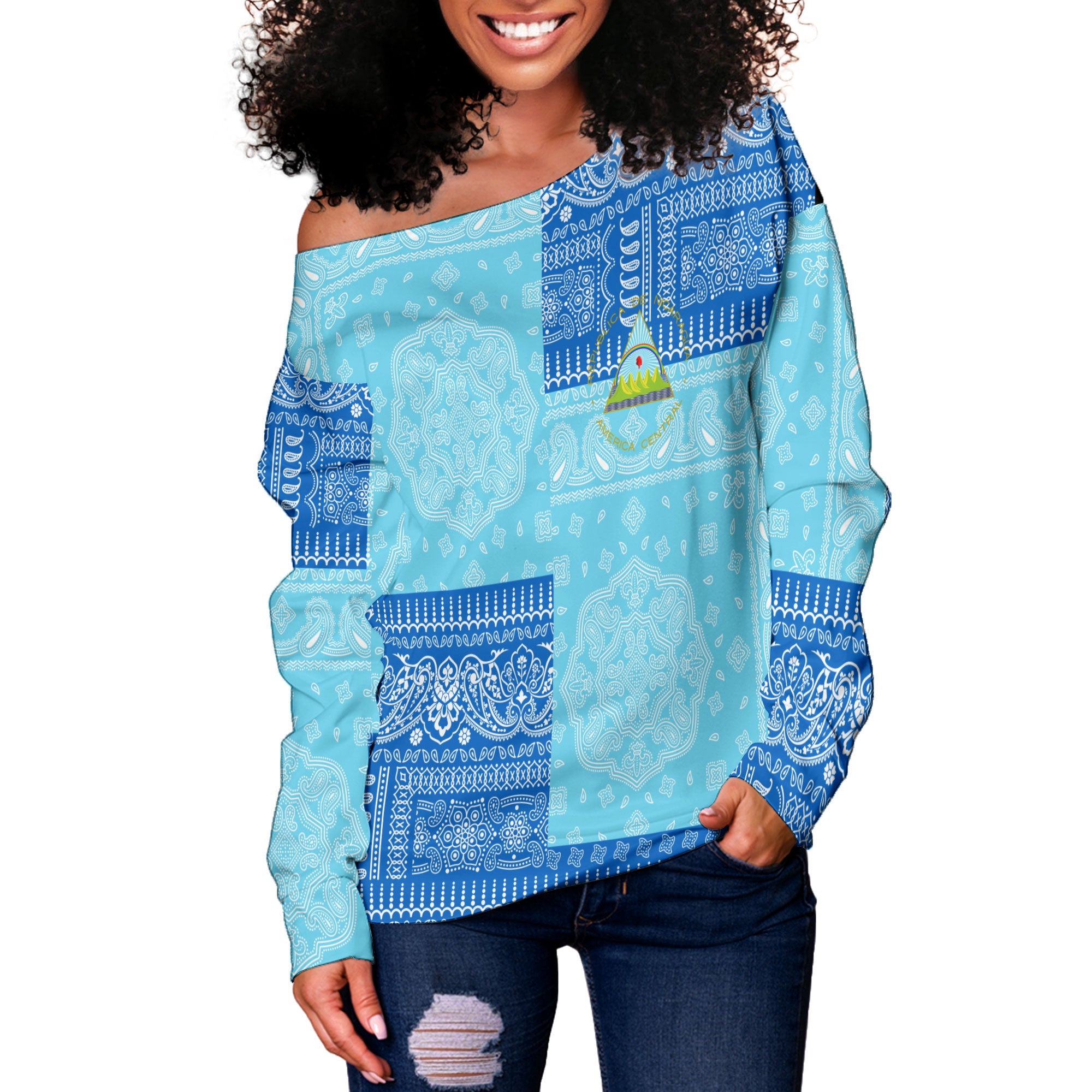 Nicaragua Women Off Shoulder Sweatshirt Flag And Paisley Basic Style 2