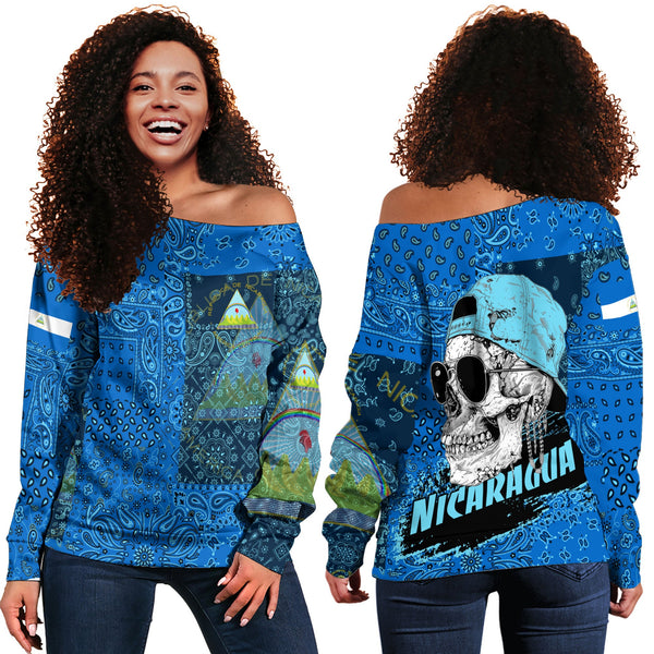 Nicaragua Women Off Shoulder Sweatshirt Paisley Flag And Skull Style 1