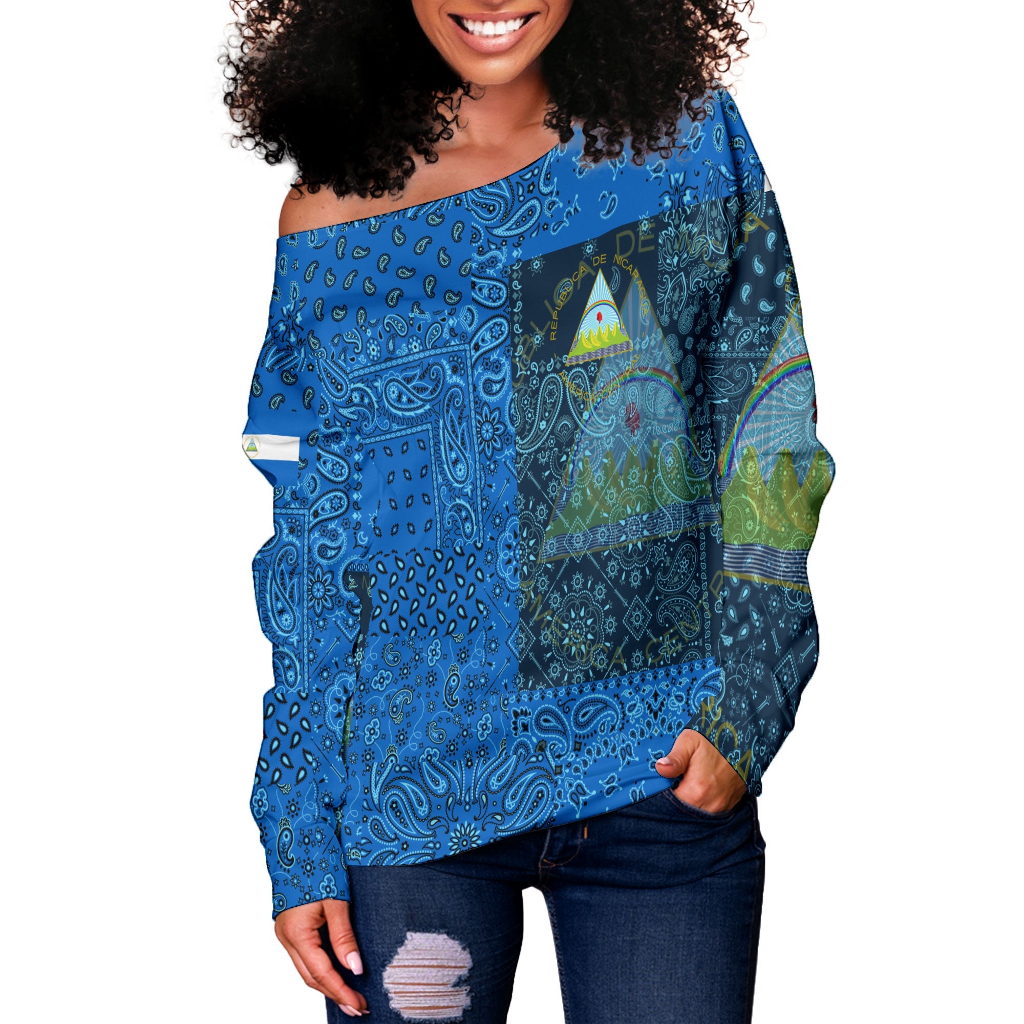 Nicaragua Women Off Shoulder Sweatshirt Paisley Flag And Skull Style 2