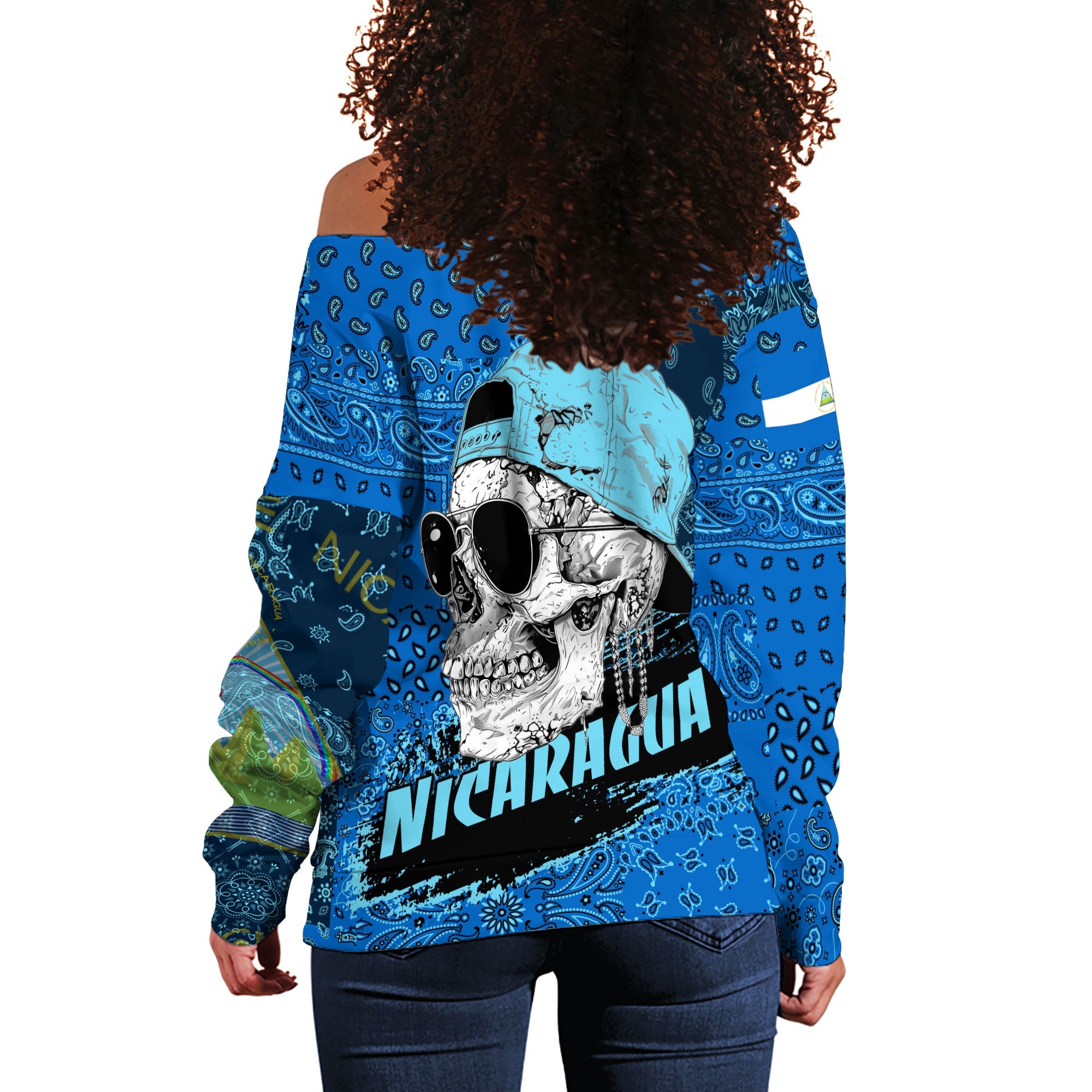 Nicaragua Women Off Shoulder Sweatshirt Paisley Flag And Skull Style 3