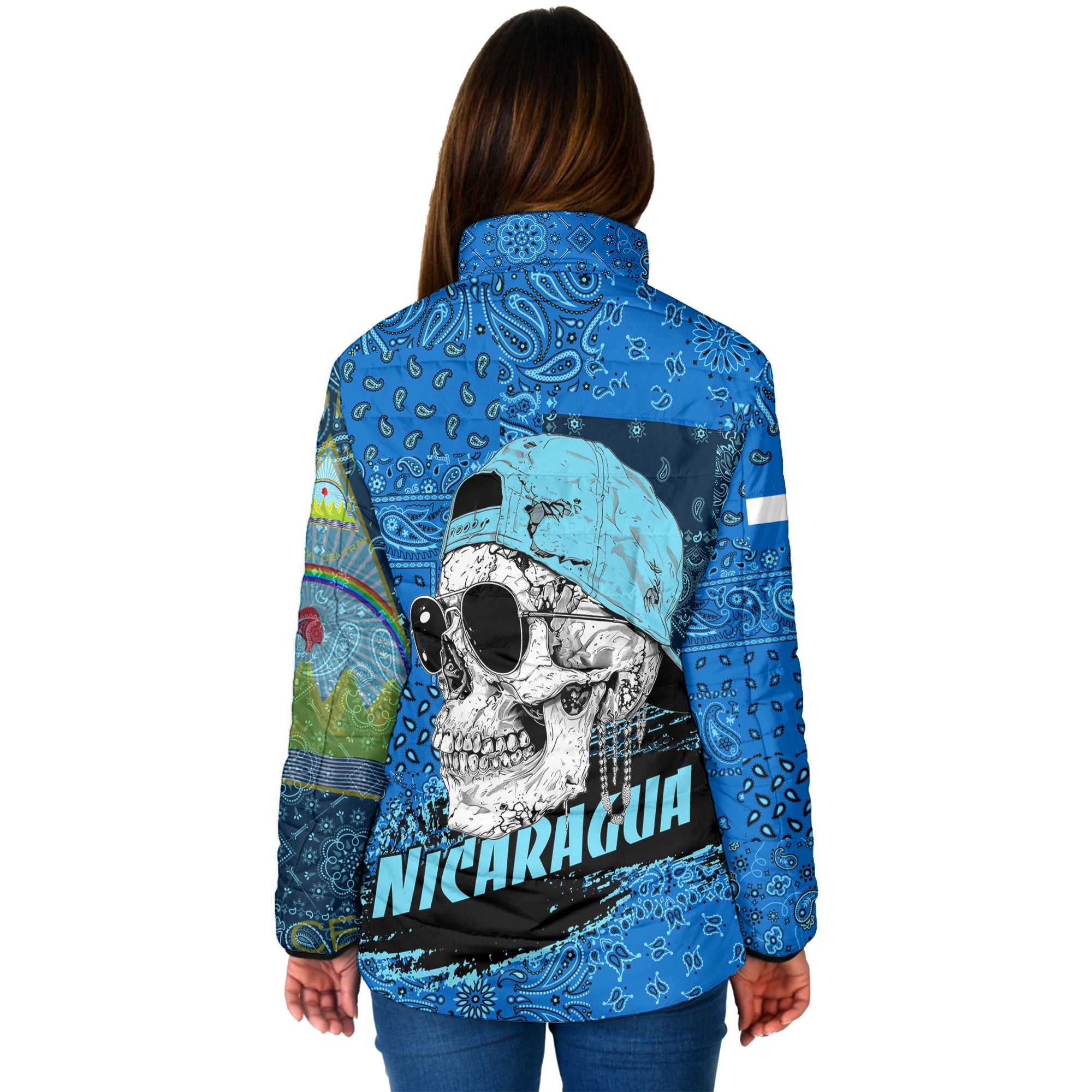 Nicaragua Women Padded Jacket Paisley Flag And Skull Style 2