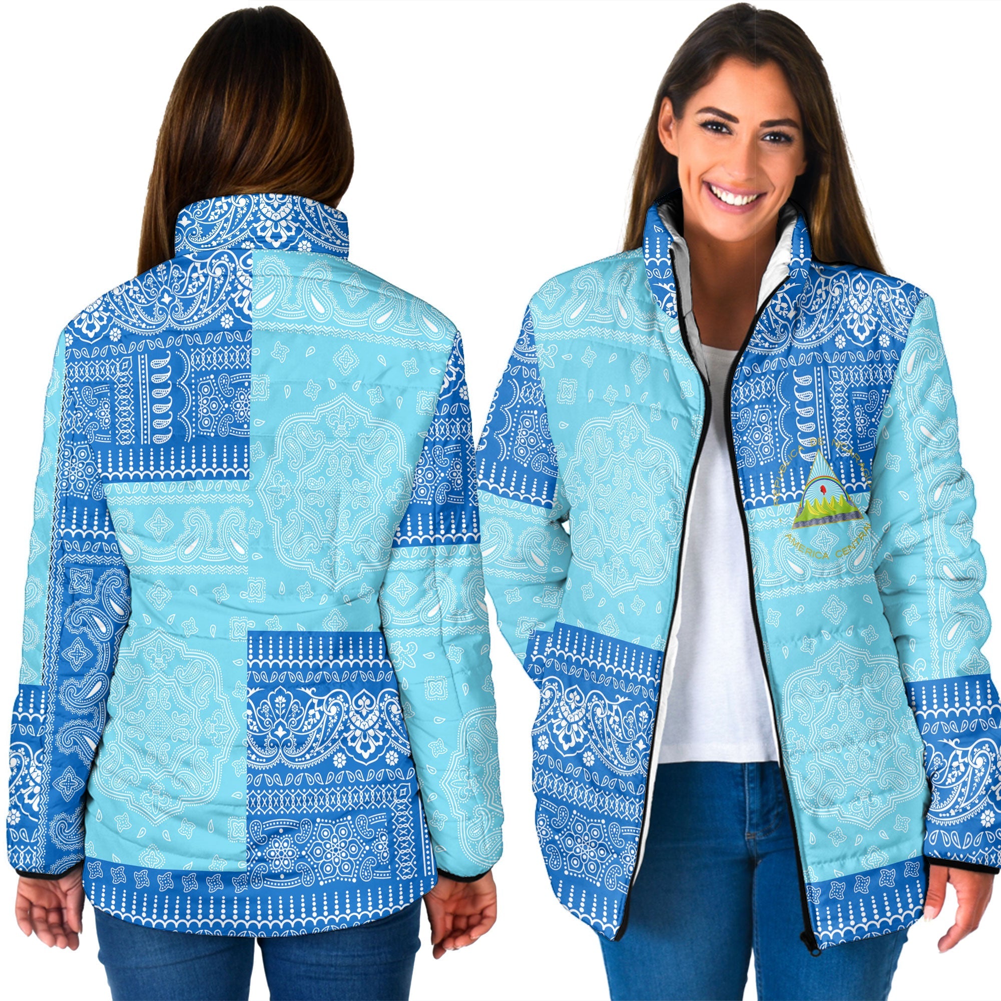 Nicaragua Women Padded Jacket Flag And Paisley Basic Style 3