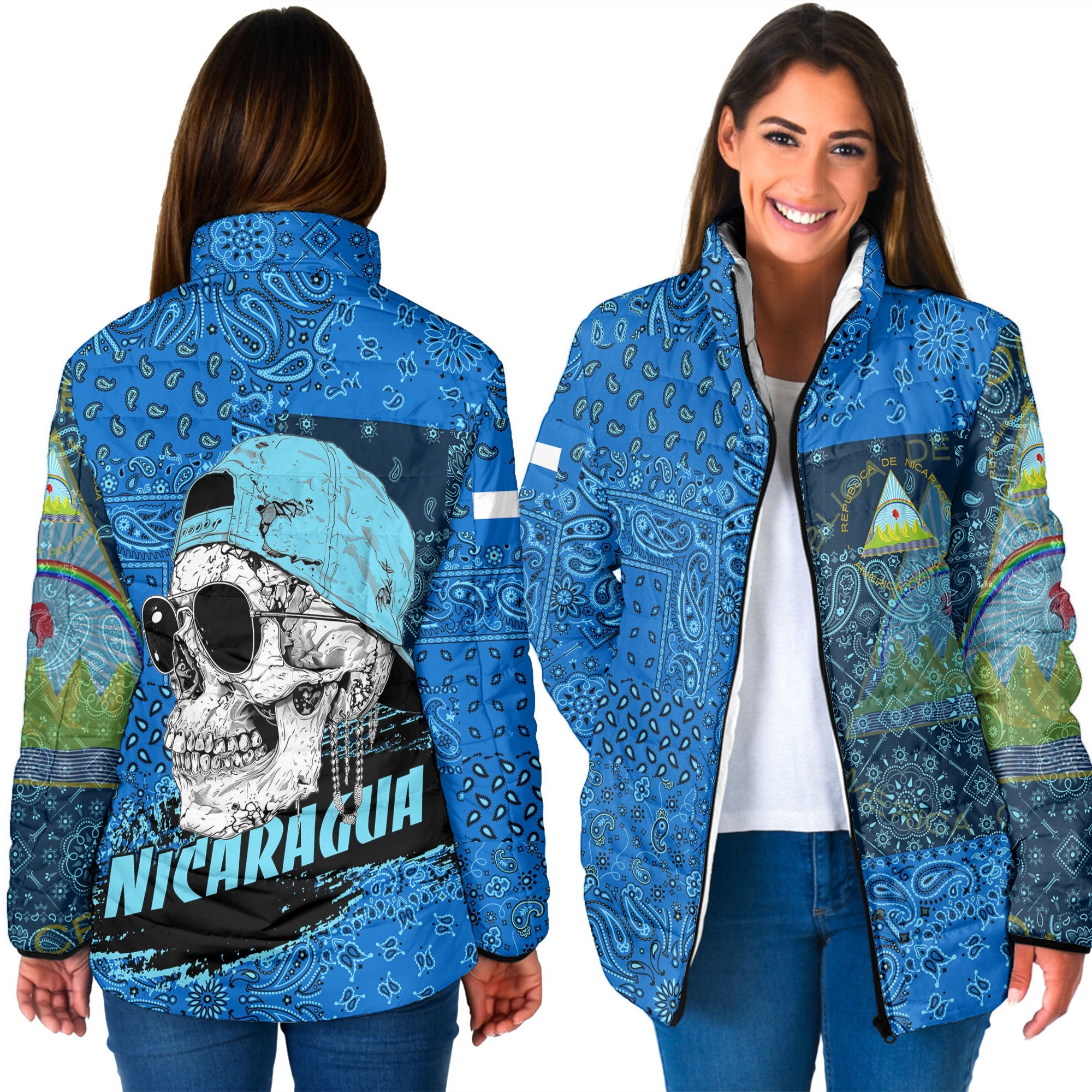 Nicaragua Women Padded Jacket Paisley Flag And Skull Style 3