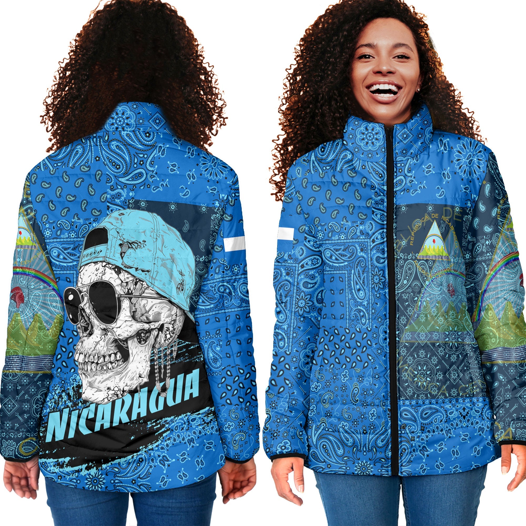 Nicaragua Women Padded Jacket Paisley Flag And Skull Style 4