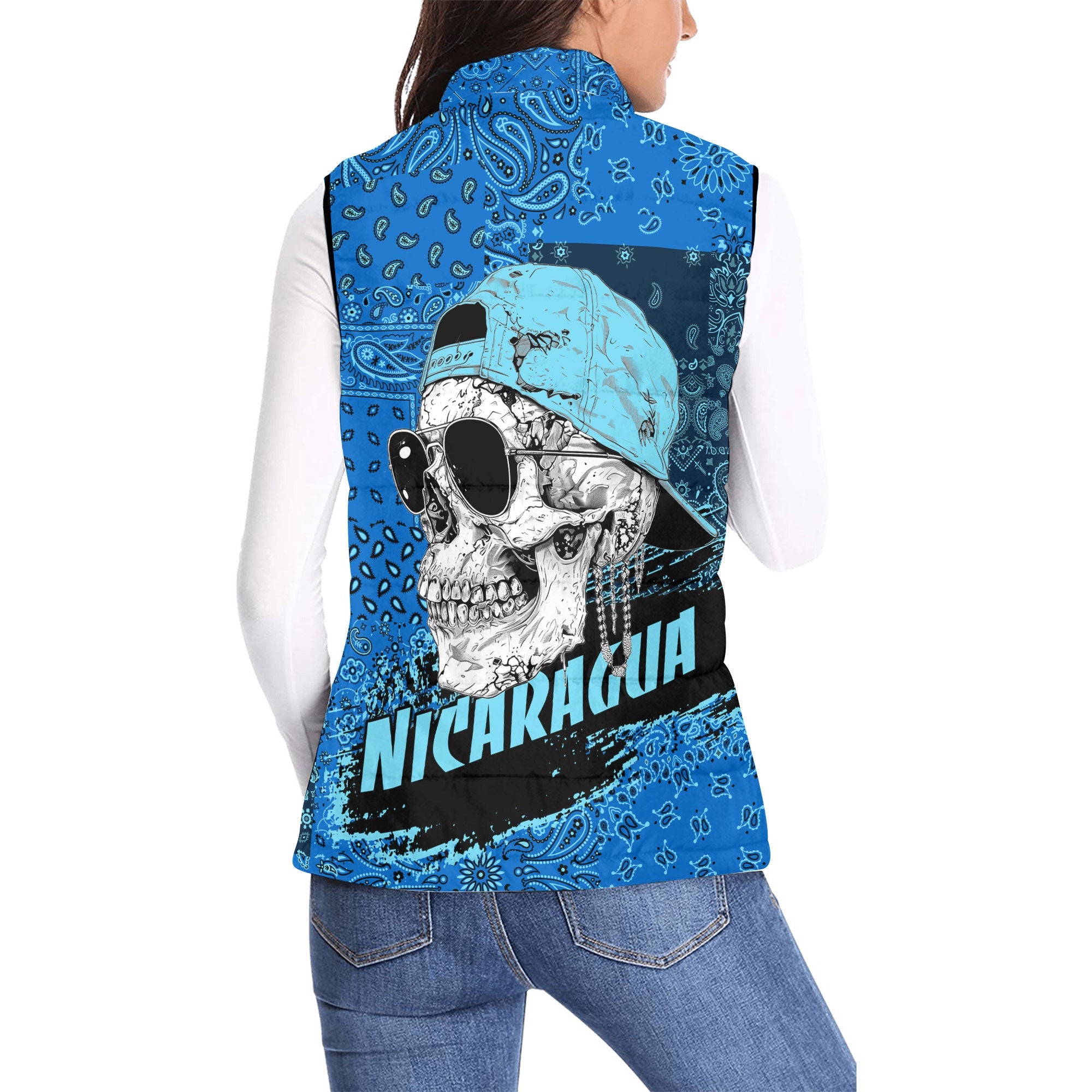 Nicaragua Women Padded Jacket Vest Paisley Flag And Skull Style 2