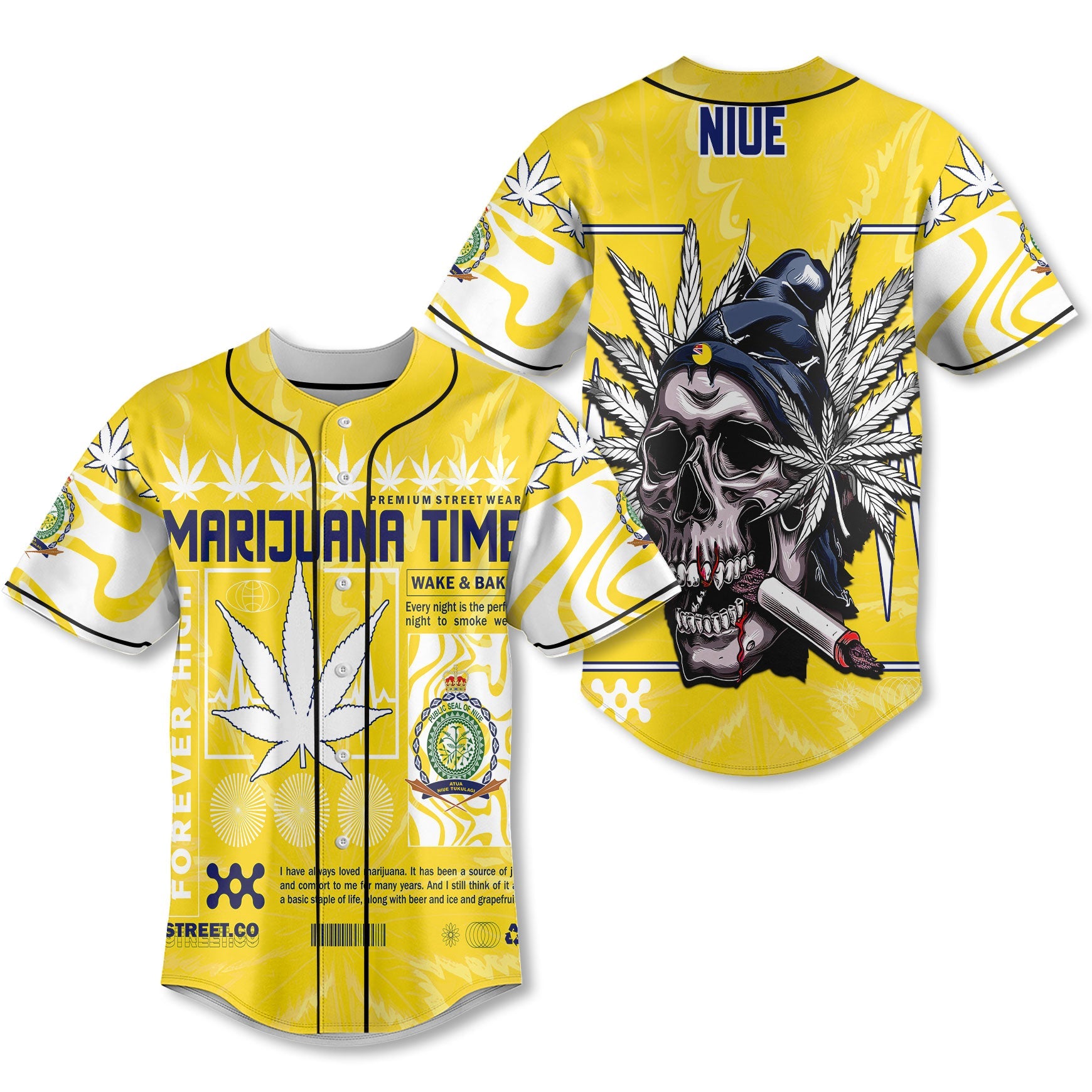 Niue Baseball Jersey Flag & Coat Of Arms Marijuanas Style