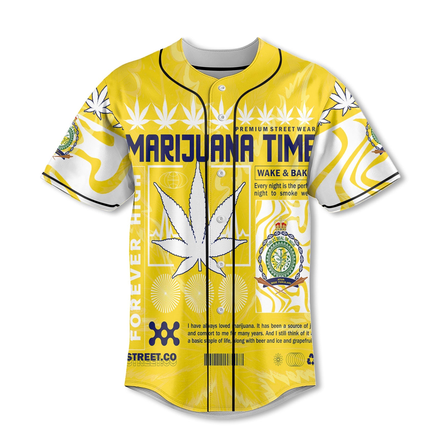 Niue Baseball Jersey Flag & Coat Of Arms Marijuanas Style