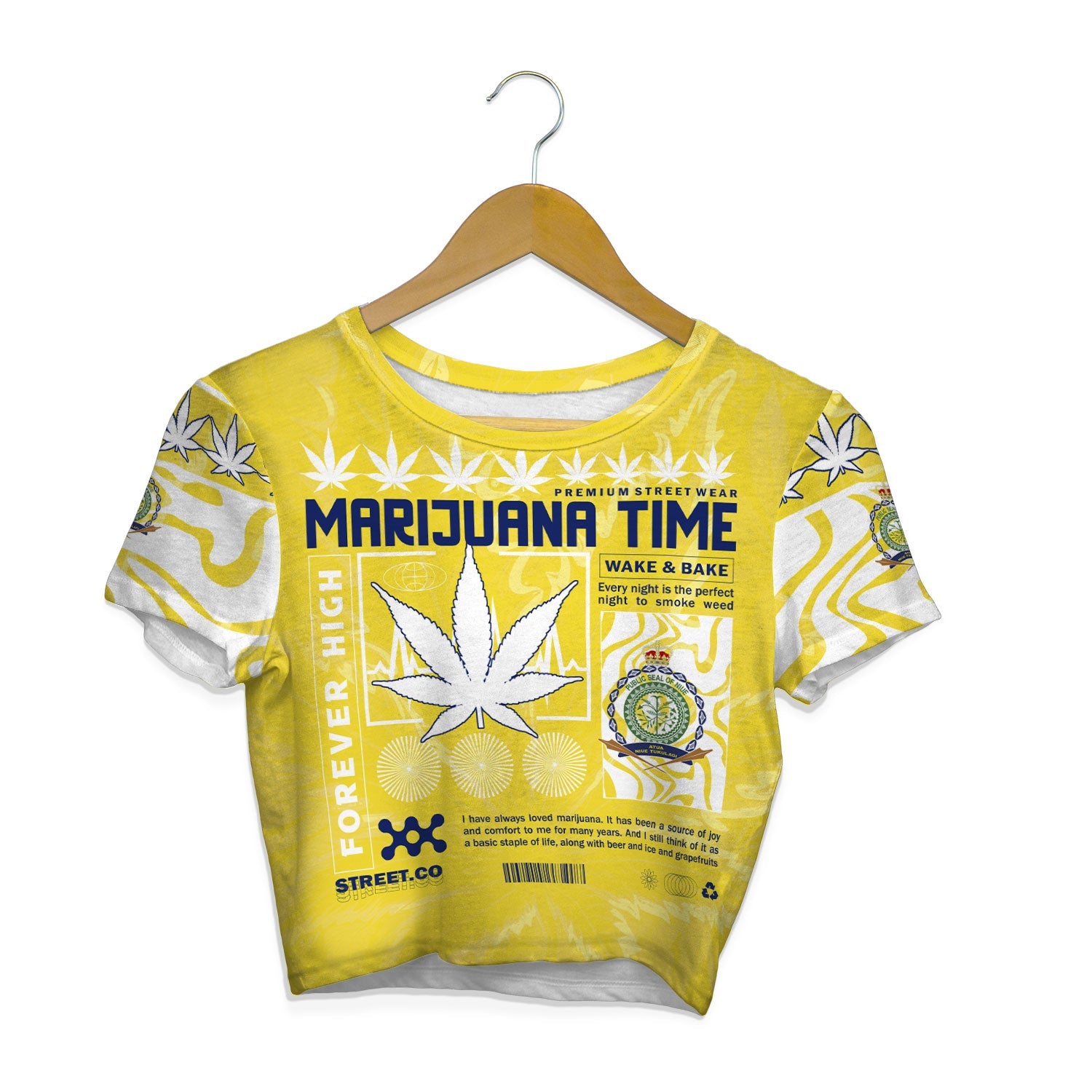 Niue Crop Top T Shirt Flag & Coat Of Arms Marijuanas Style