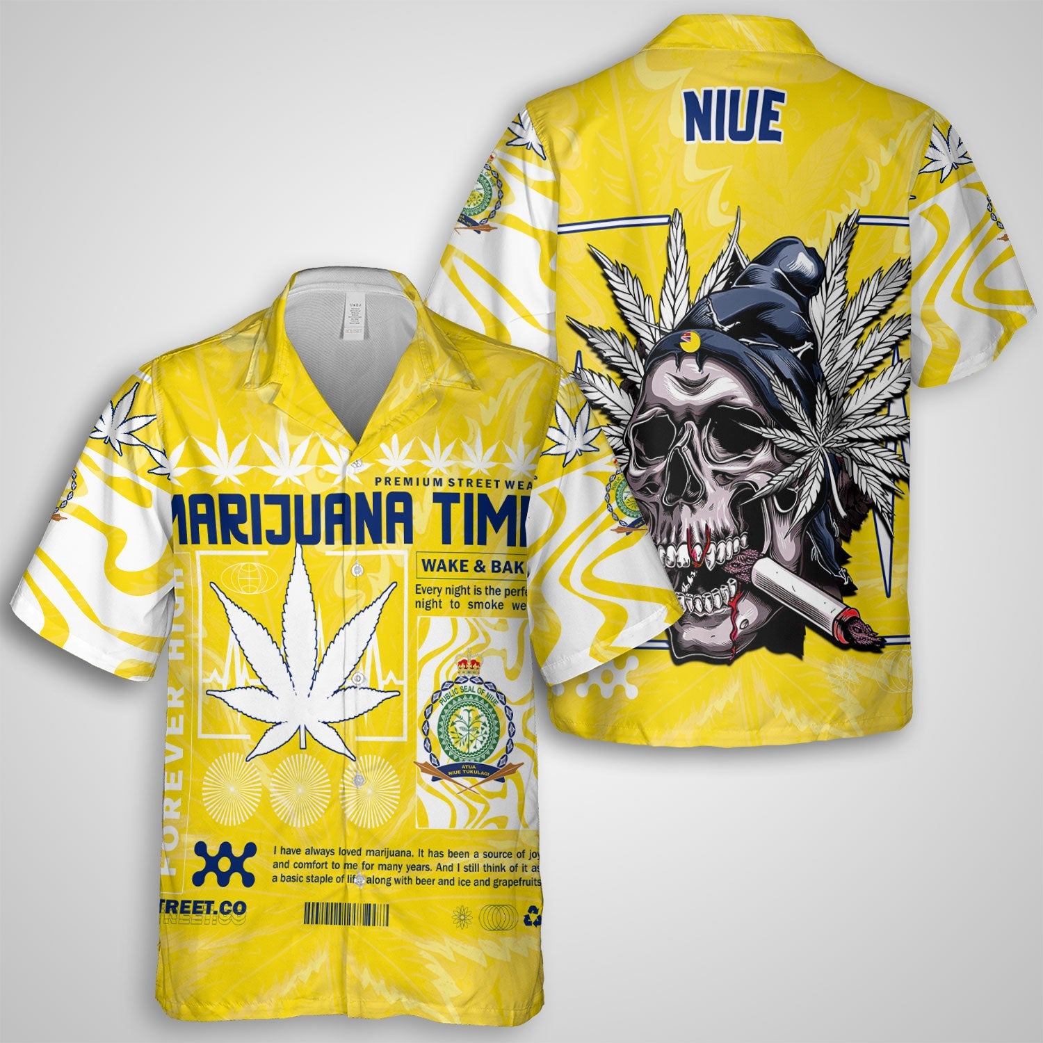 Niue Hawaiian Shirt Flag & Coat Of Arms Marijuanas Style