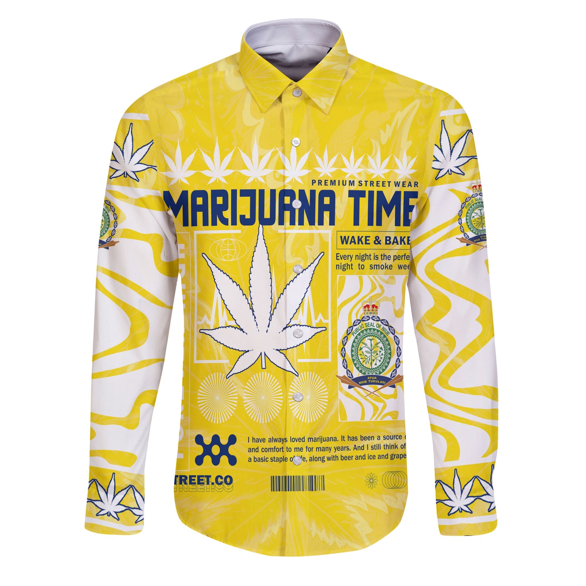 Niue Long Sleeve Button Shirt Flag & Coat Of Arms Marijuanas Style