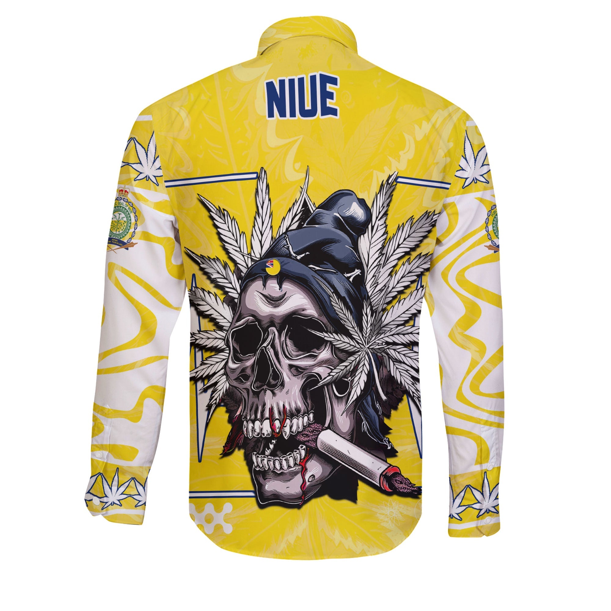 Niue Long Sleeve Button Shirt Flag & Coat Of Arms Marijuanas Style