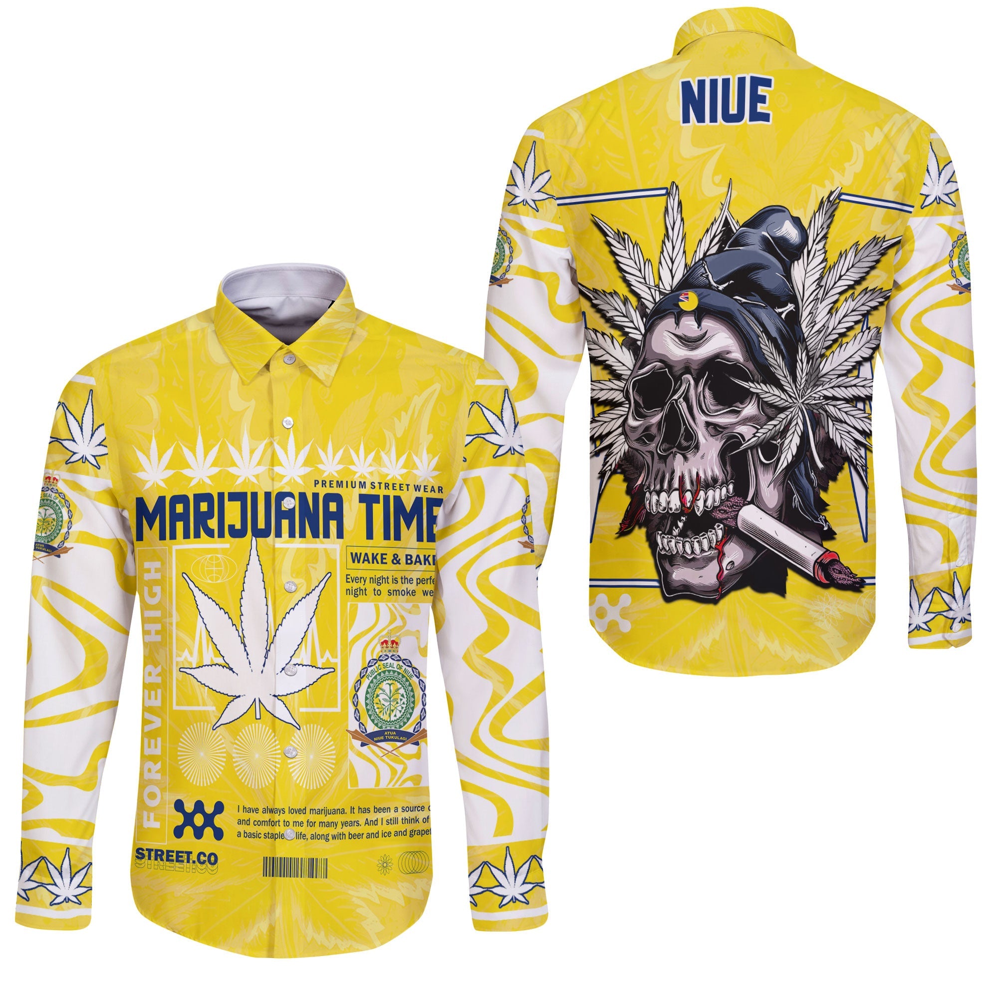 Niue Long Sleeve Button Shirt Flag & Coat Of Arms Marijuanas Style