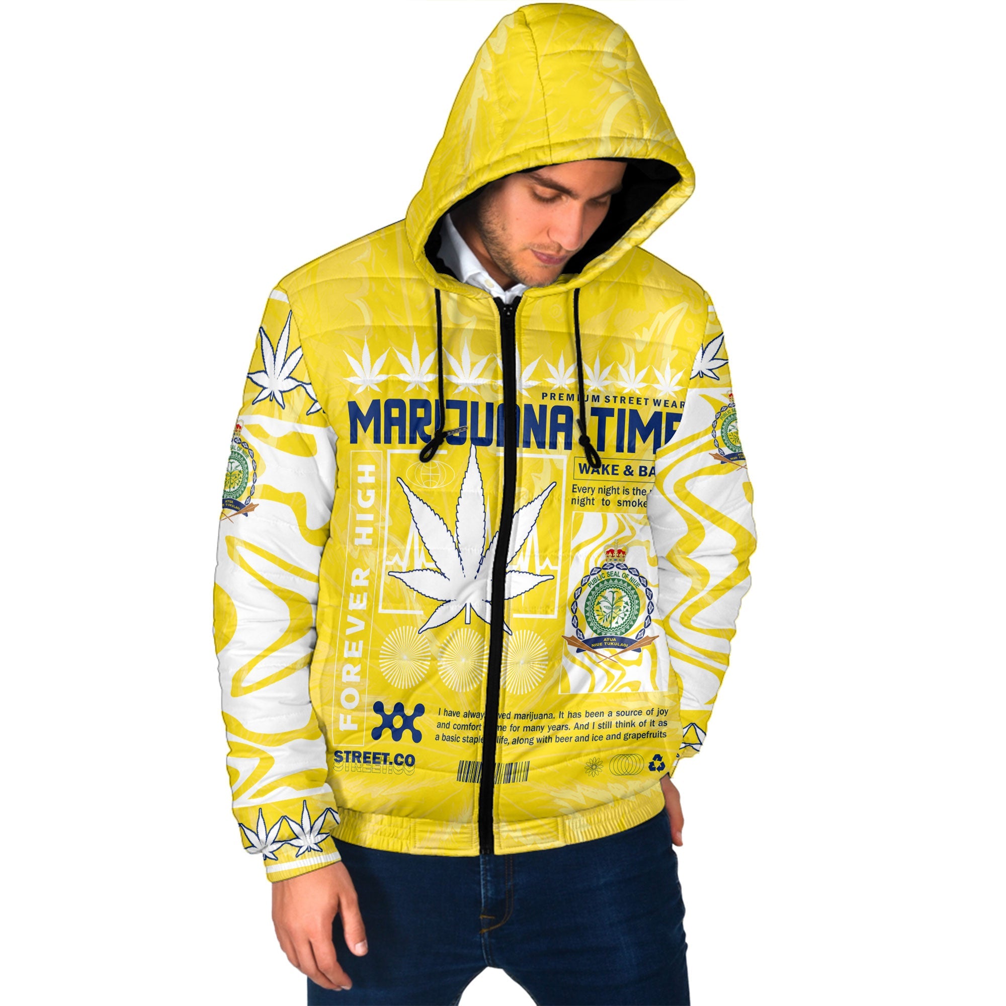 Niue Men Hooded Padded Jacket Flag & Coat Of Arms Marijuanas Style