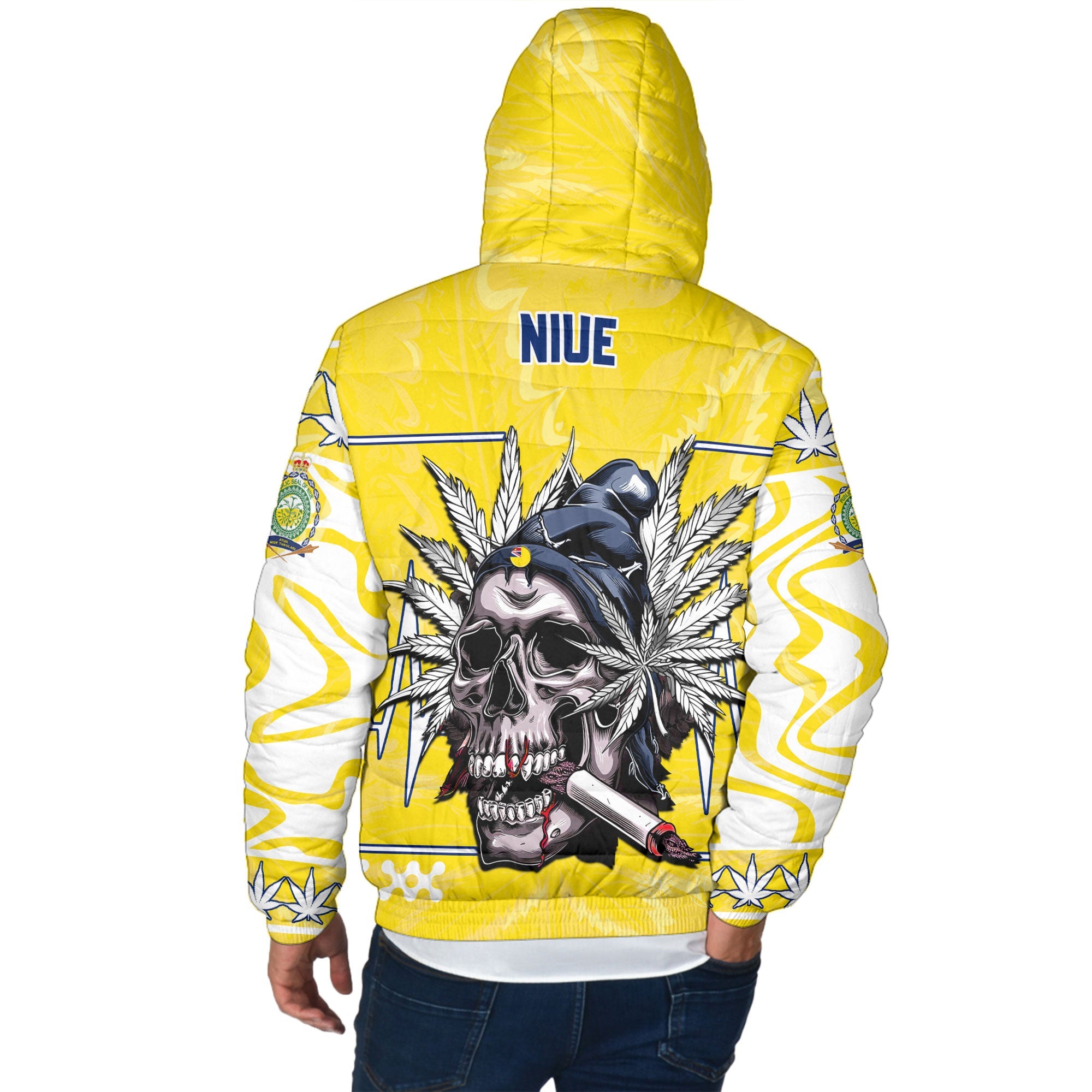 Niue Men Hooded Padded Jacket Flag & Coat Of Arms Marijuanas Style