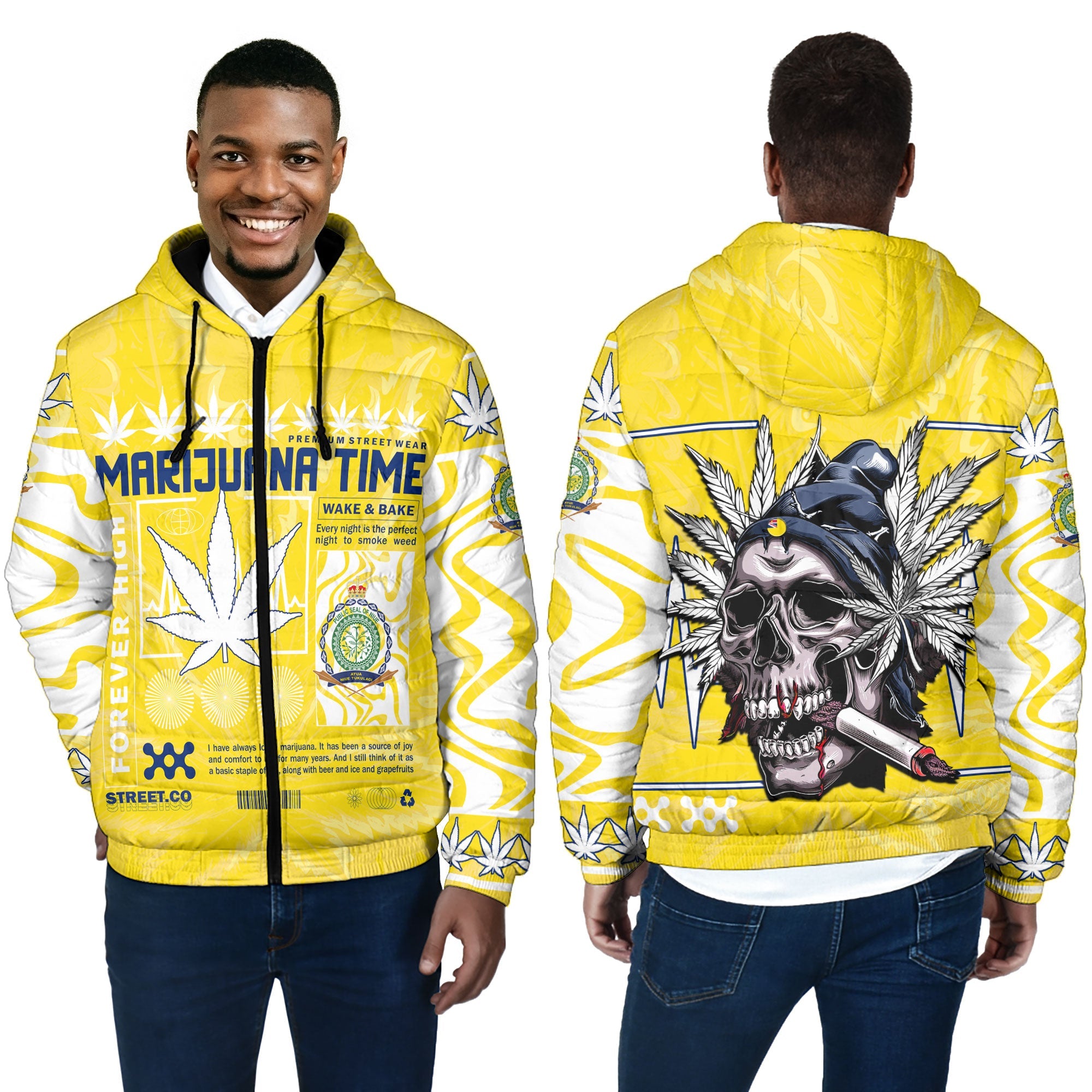 Niue Men Hooded Padded Jacket Flag & Coat Of Arms Marijuanas Style