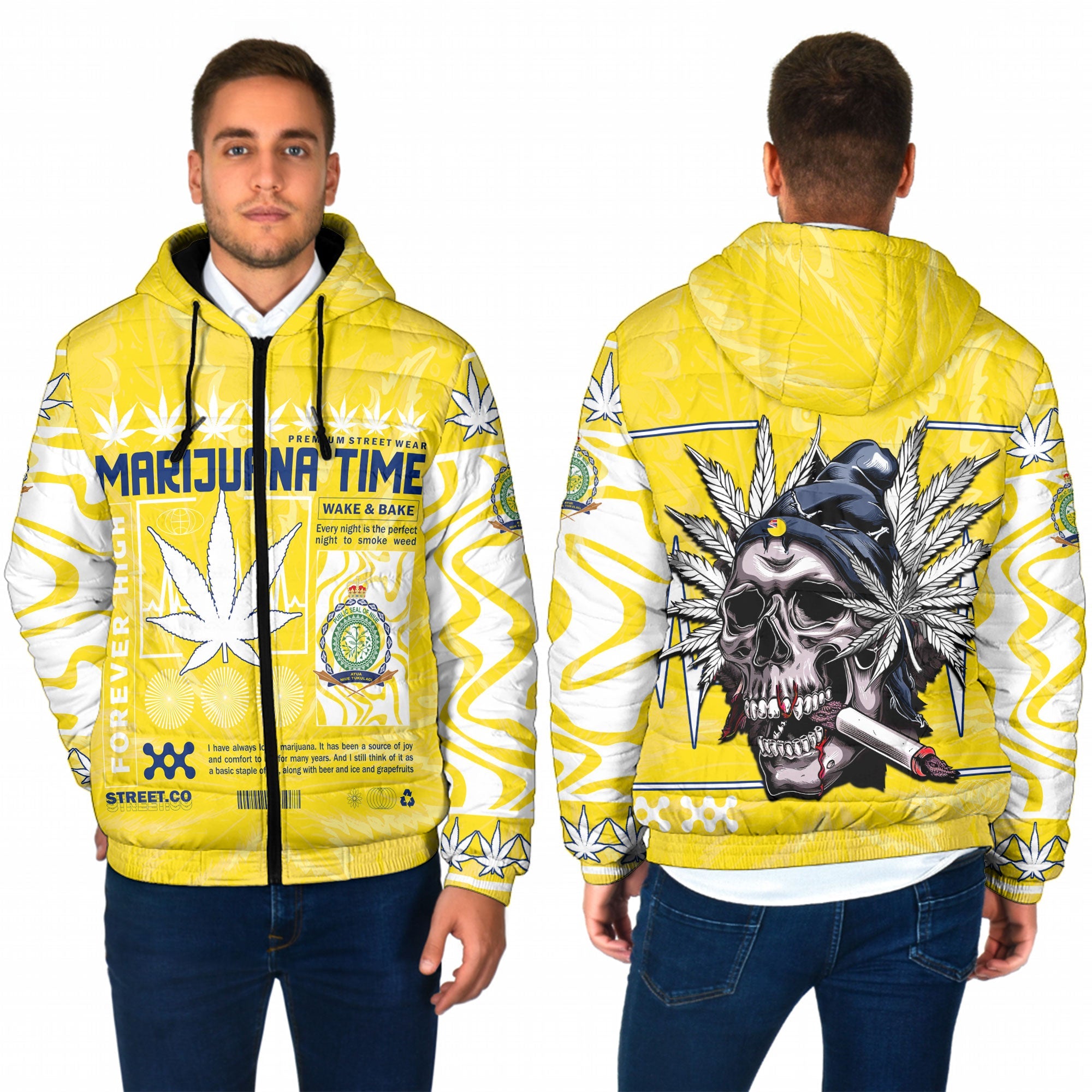 Niue Men Hooded Padded Jacket Flag & Coat Of Arms Marijuanas Style