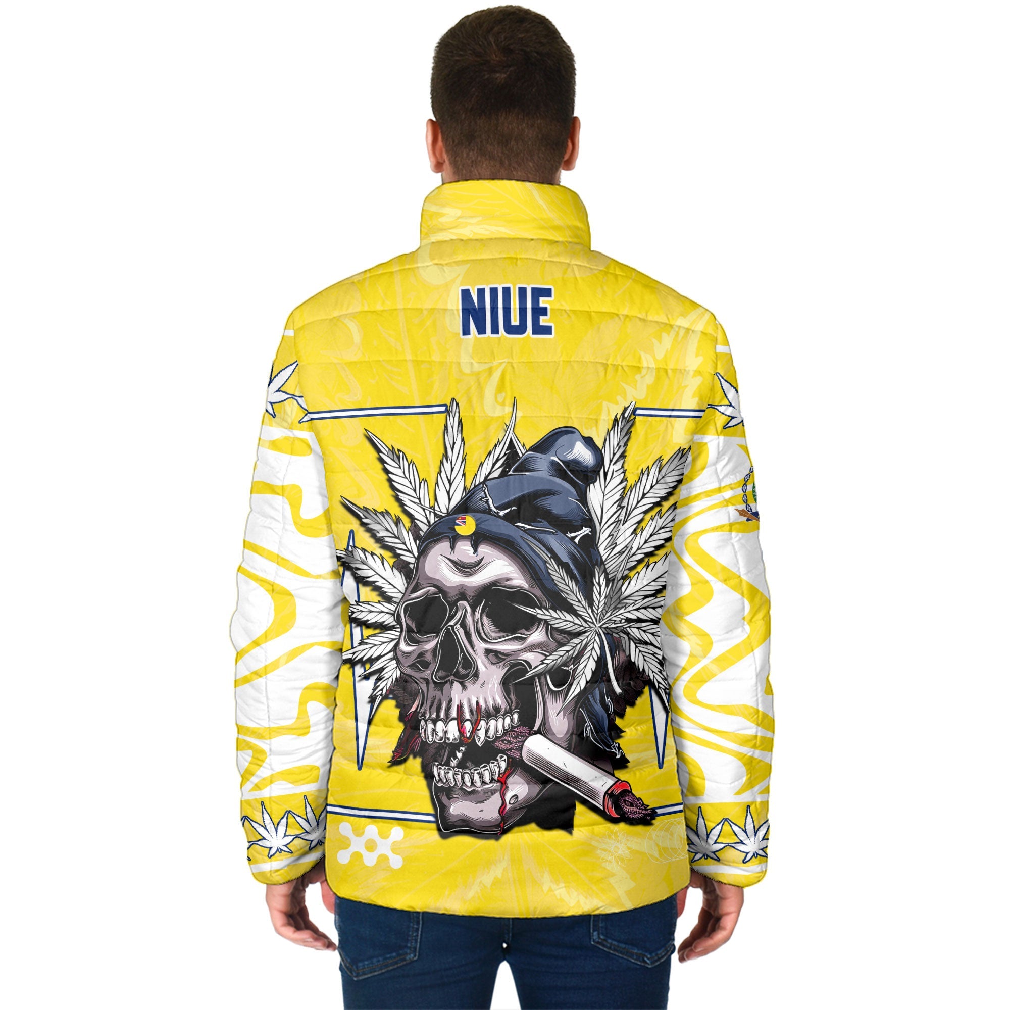 Niue Men Padded Jacket Flag & Coat Of Arms Marijuanas Style