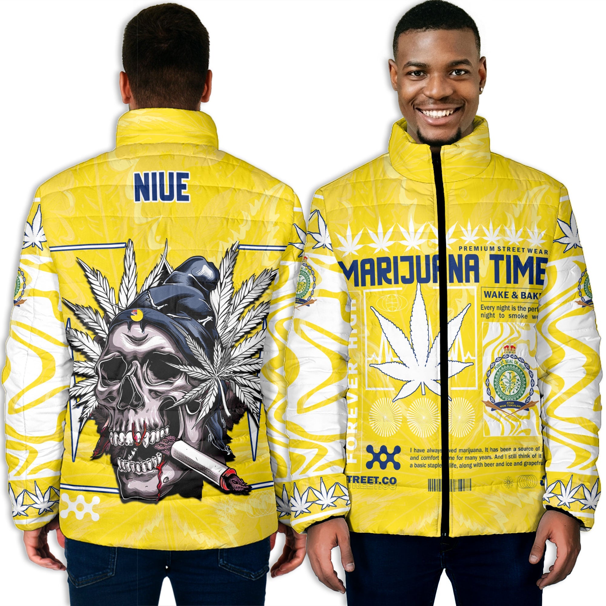 Niue Men Padded Jacket Flag & Coat Of Arms Marijuanas Style