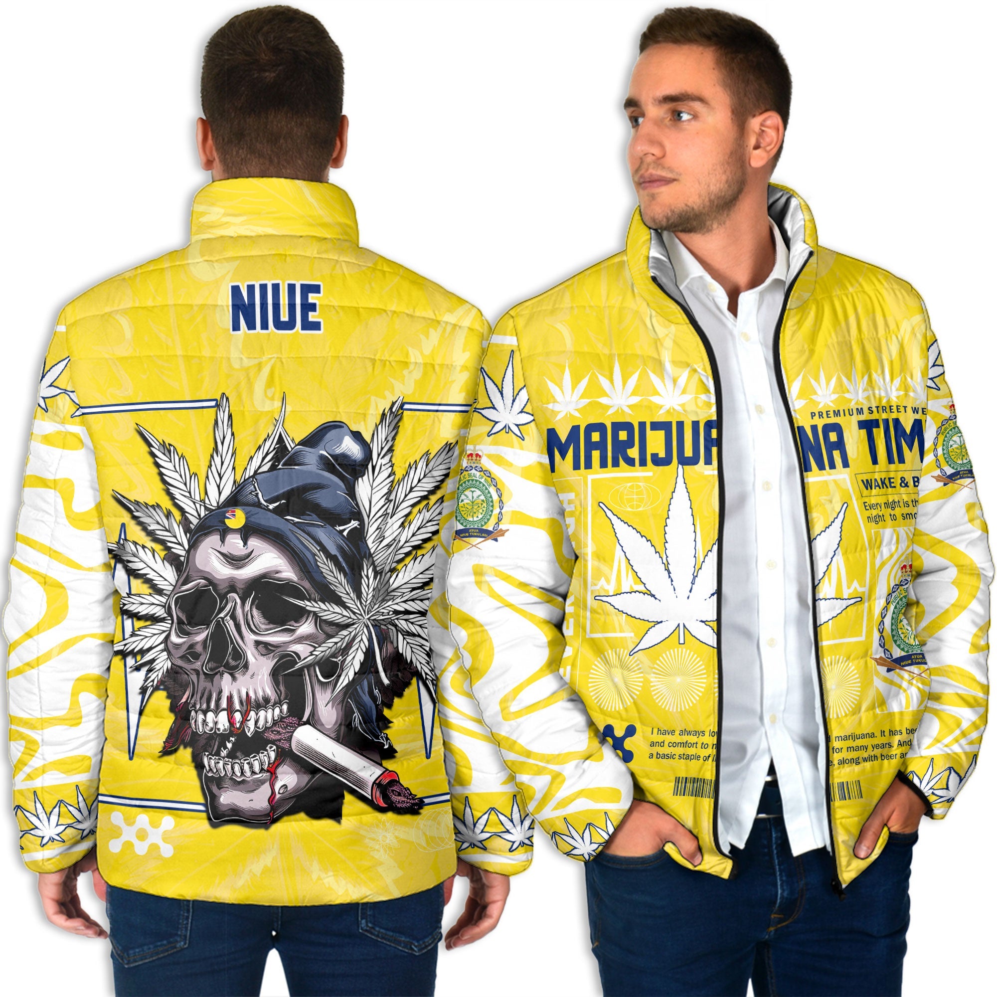 Niue Men Padded Jacket Flag & Coat Of Arms Marijuanas Style