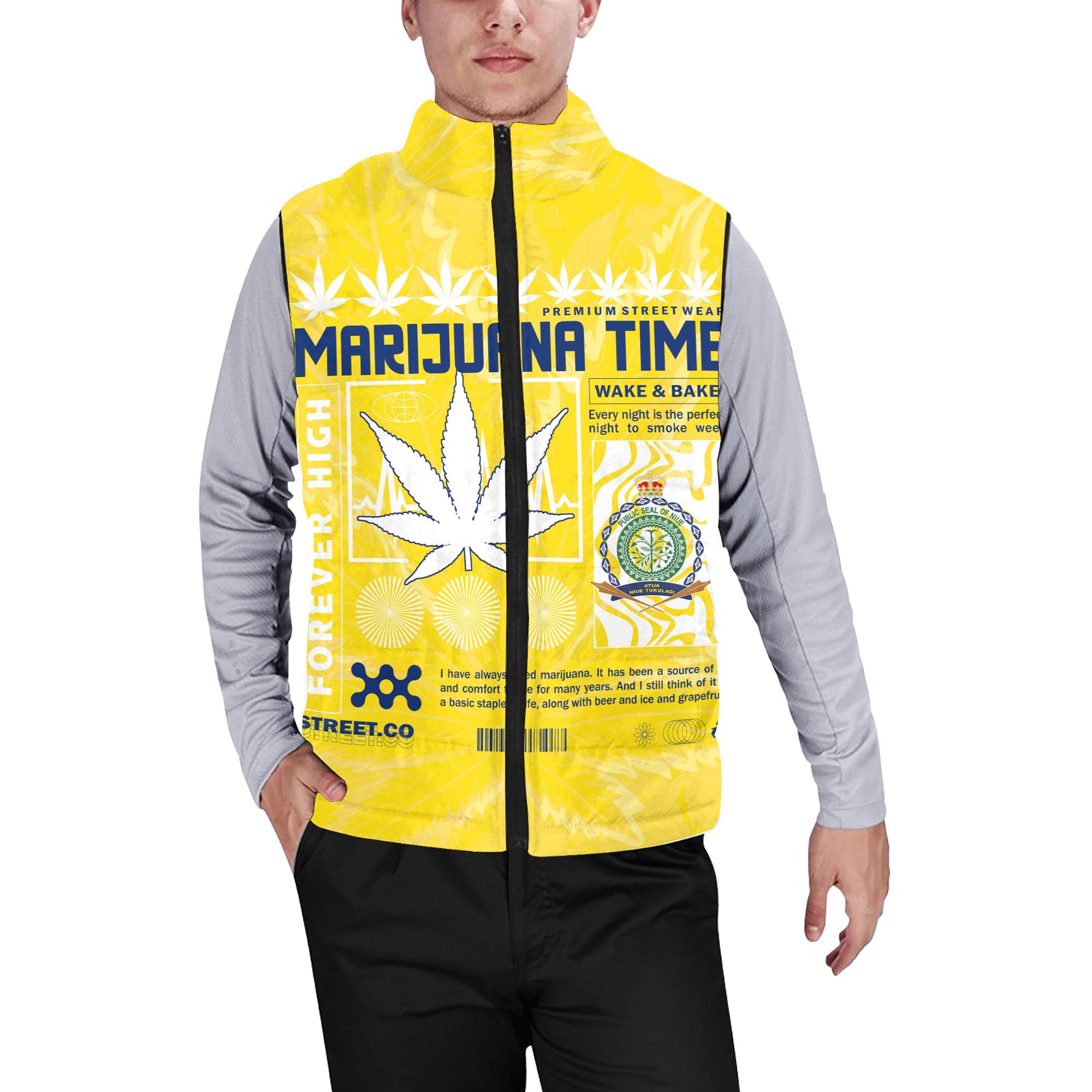 Niue Men Padded Jacket Vest Flag & Coat Of Arms Marijuanas Style