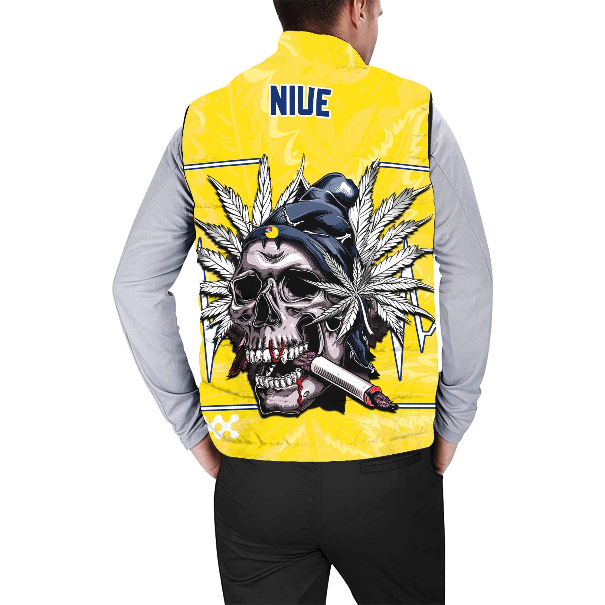 Niue Men Padded Jacket Vest Flag & Coat Of Arms Marijuanas Style